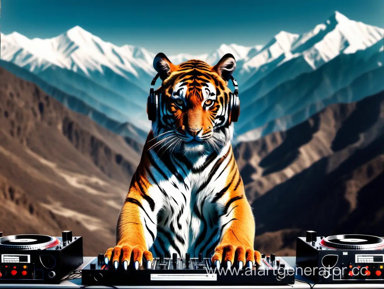 тигр в наушниках за диджейским пультом на фоне гор