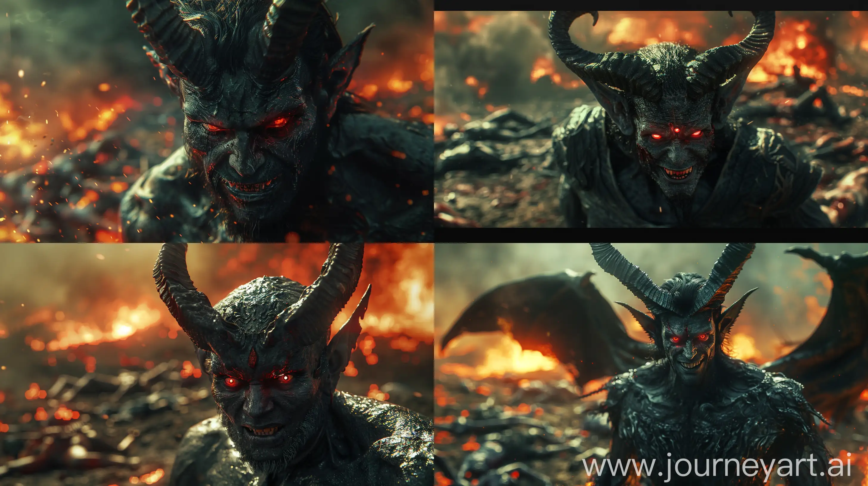 Modern reinterpretation of an Indian demon human like appearance, male in his thirties with red eyes and horns, close-up view showcasing an evil smile and widened eyes, amidst wartorn scenery with bodies lying around, smoky fiery background enveloping the scene, very close to camera angle, high level of intricate details for a vivid high resolution depiction --s 400 --sref https://i.postimg.cc/nz3jywV2/IMG-20240414-120352.png --ar 16:9 --v 6