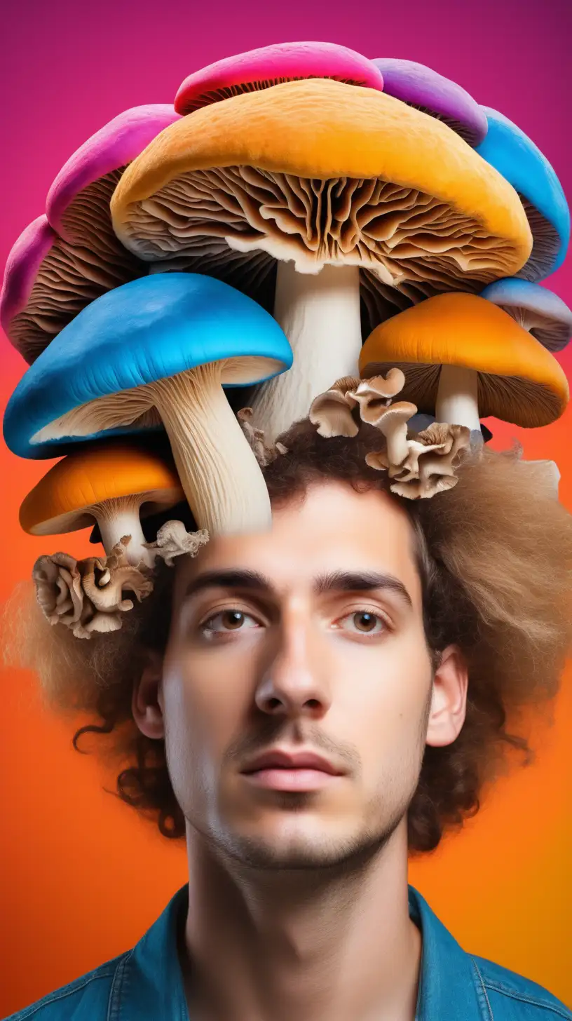 LionsMane mushroom on top of a man’s brain in colourful background
