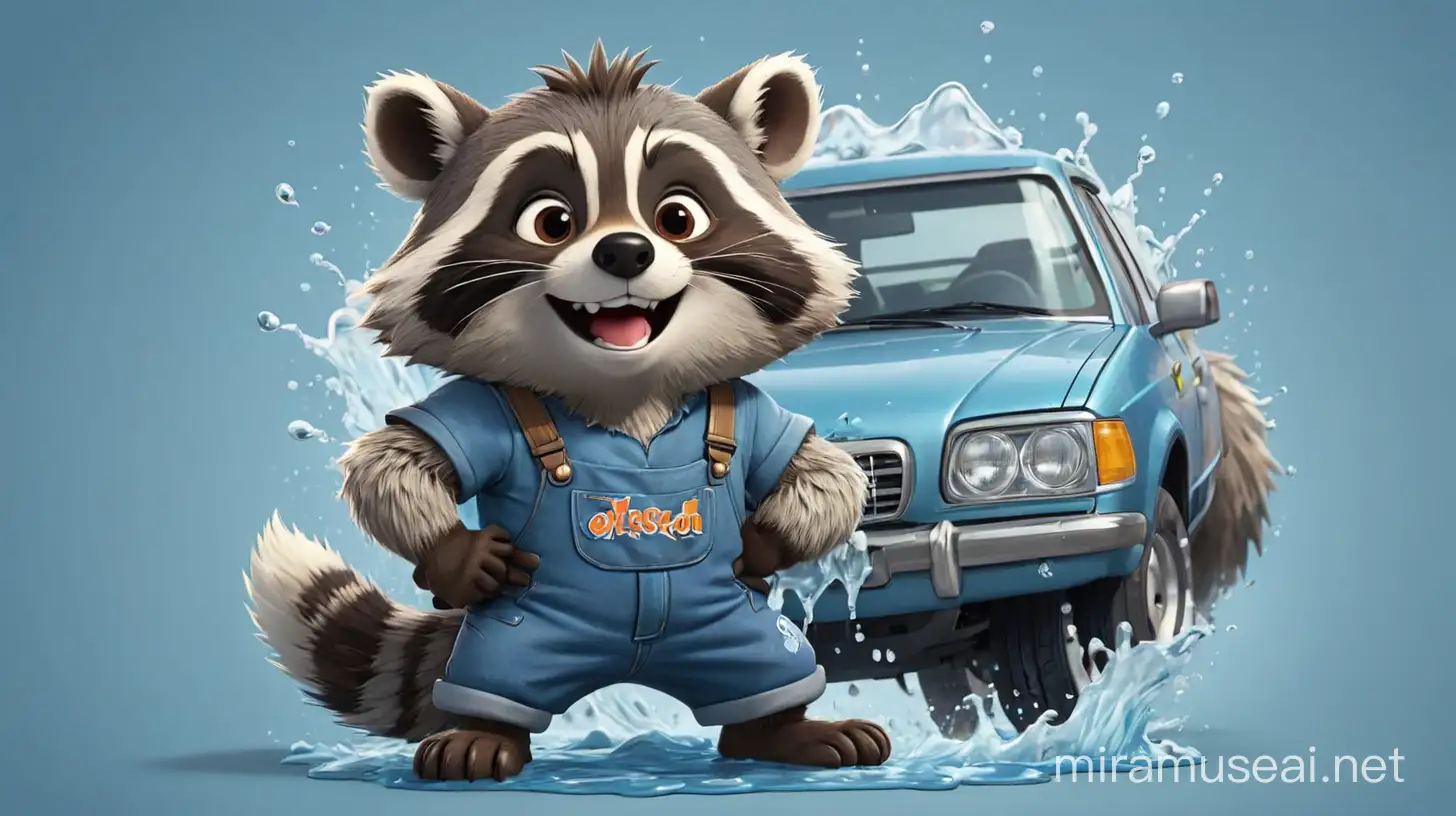 Playful Raccoon Cartoon Mascot in Overalls for Car Wash Logo