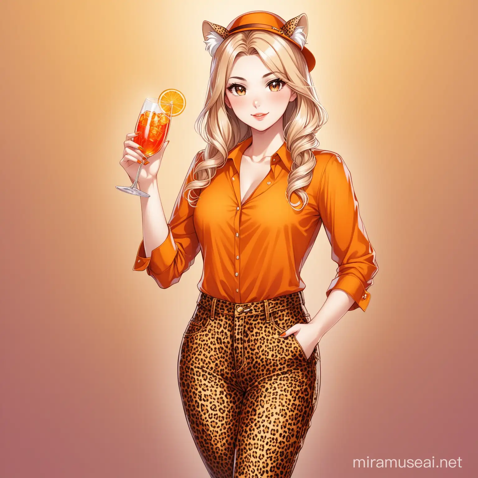 My name is Marjolein. I am 27 years old and identify myself as an ex-horse girl who is now a management consultant. My favorite drink is Aperol Spritz and my favorite piece of clothing is my leopard jeans. How should I dress up for the theme party with my friends? Please depict a costume.