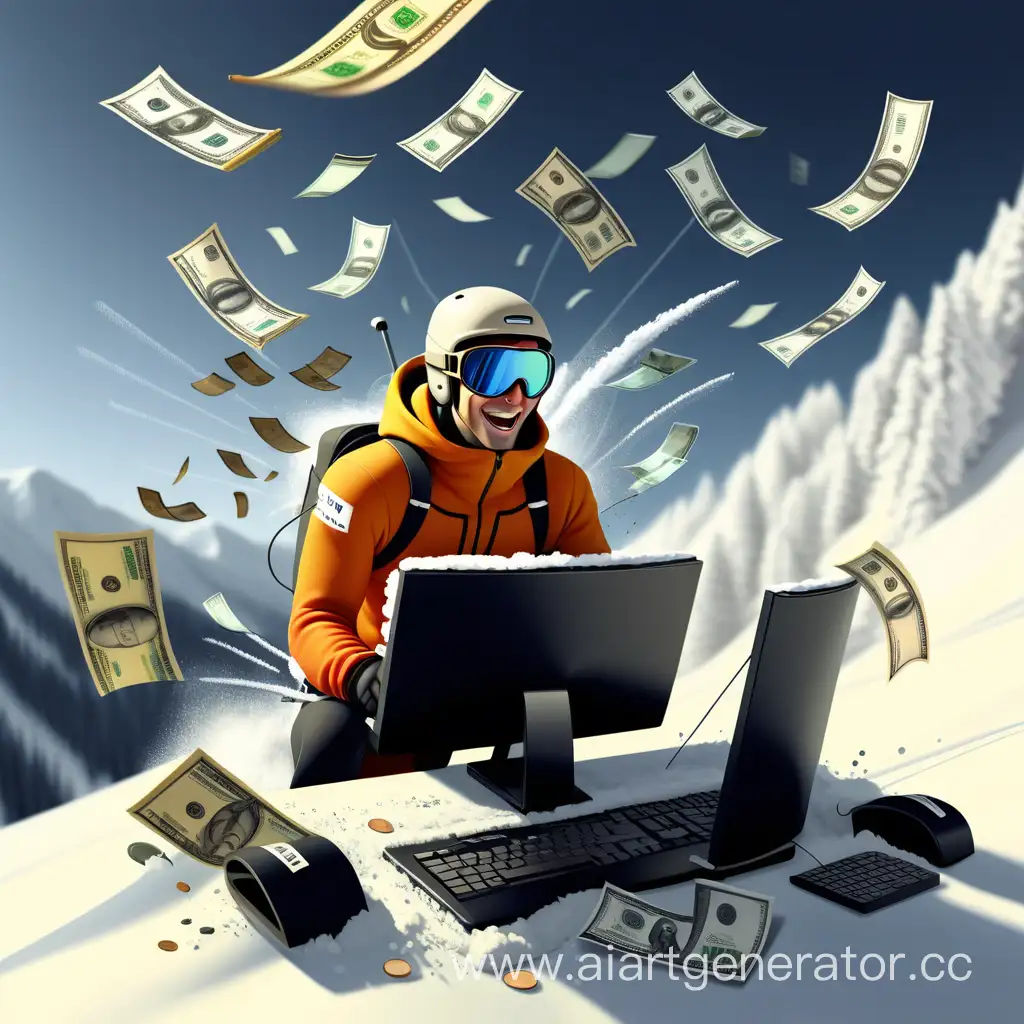 горнолыжник сидит за компьютером, и вокруг него летают деньги, а на компьютере он пишет SKI TEAM