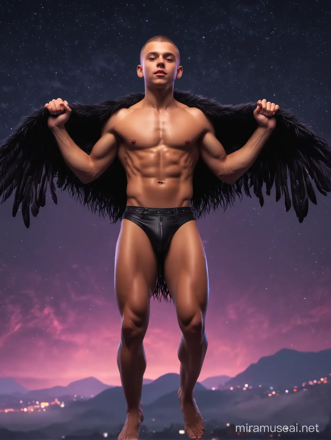 Realistic muscular sweaty shirtless young boy shaved hair, wearing black fur loincloth, holding a friend in his arms, and flying in the sky at night with neon colors ambient.