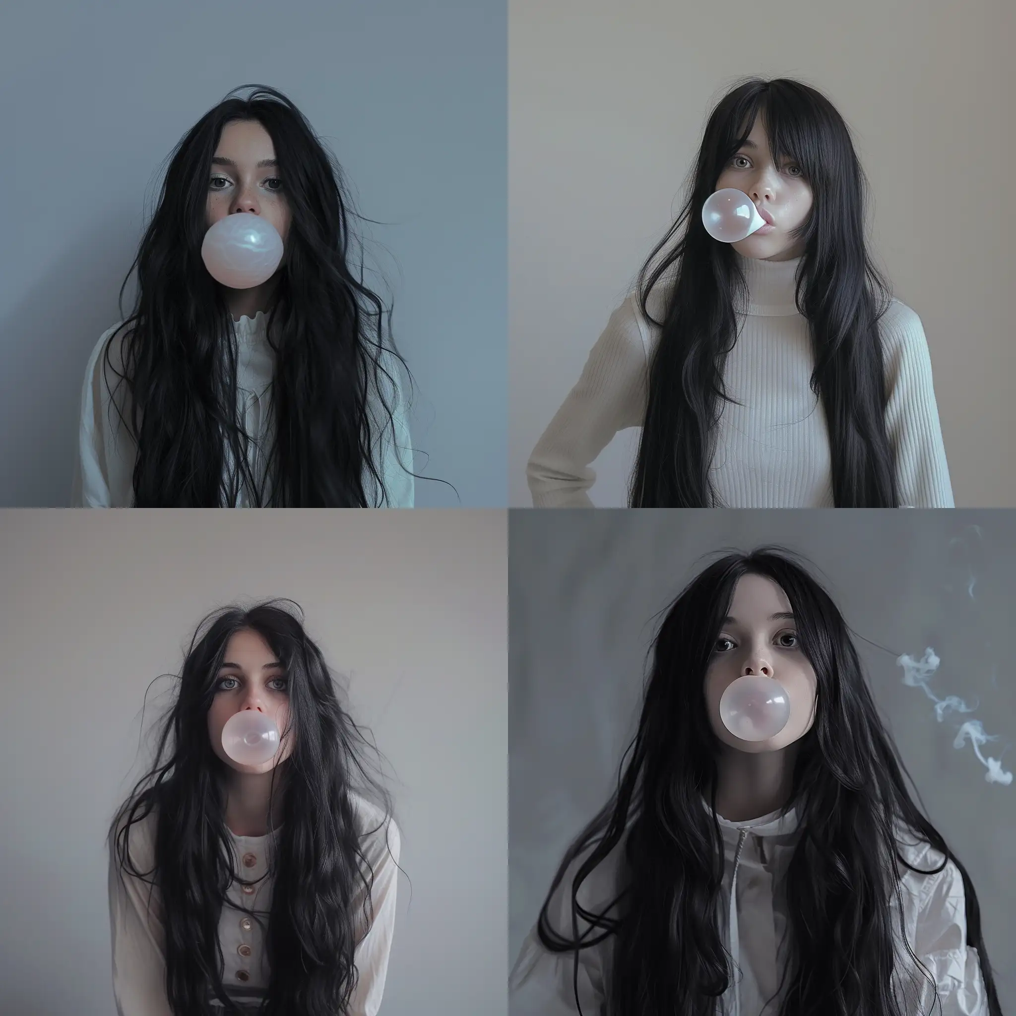 Aesthetic instagram picture girl with long black hair blowing bubblegum