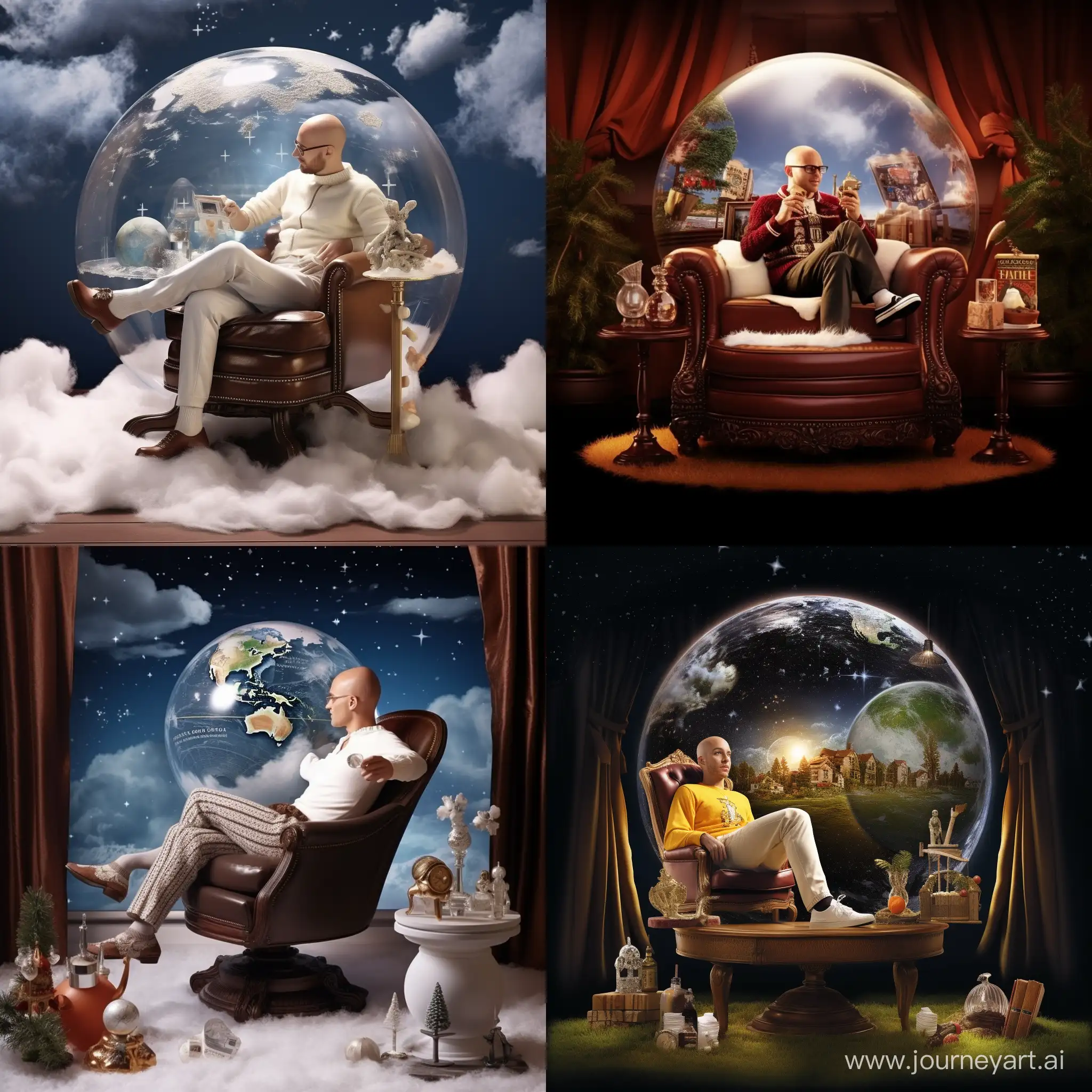 A detailed and realistic snow globe that outlines the winter landscape. The sphere within the sphere is a bald young man sitting on a leather armchair. The man's clothes are t-shirt and shorts. Fruit cocktail in hand. "OZKUNT" text on the front of the globe, globe. suitable for texture. Front view. 8K . Real photo.
