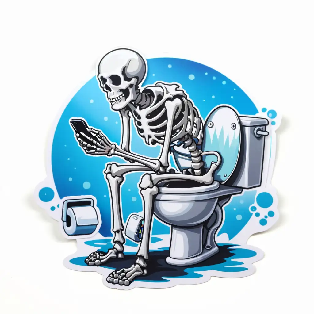 die cut sticker, skeleton on a toilet holding a smartphone