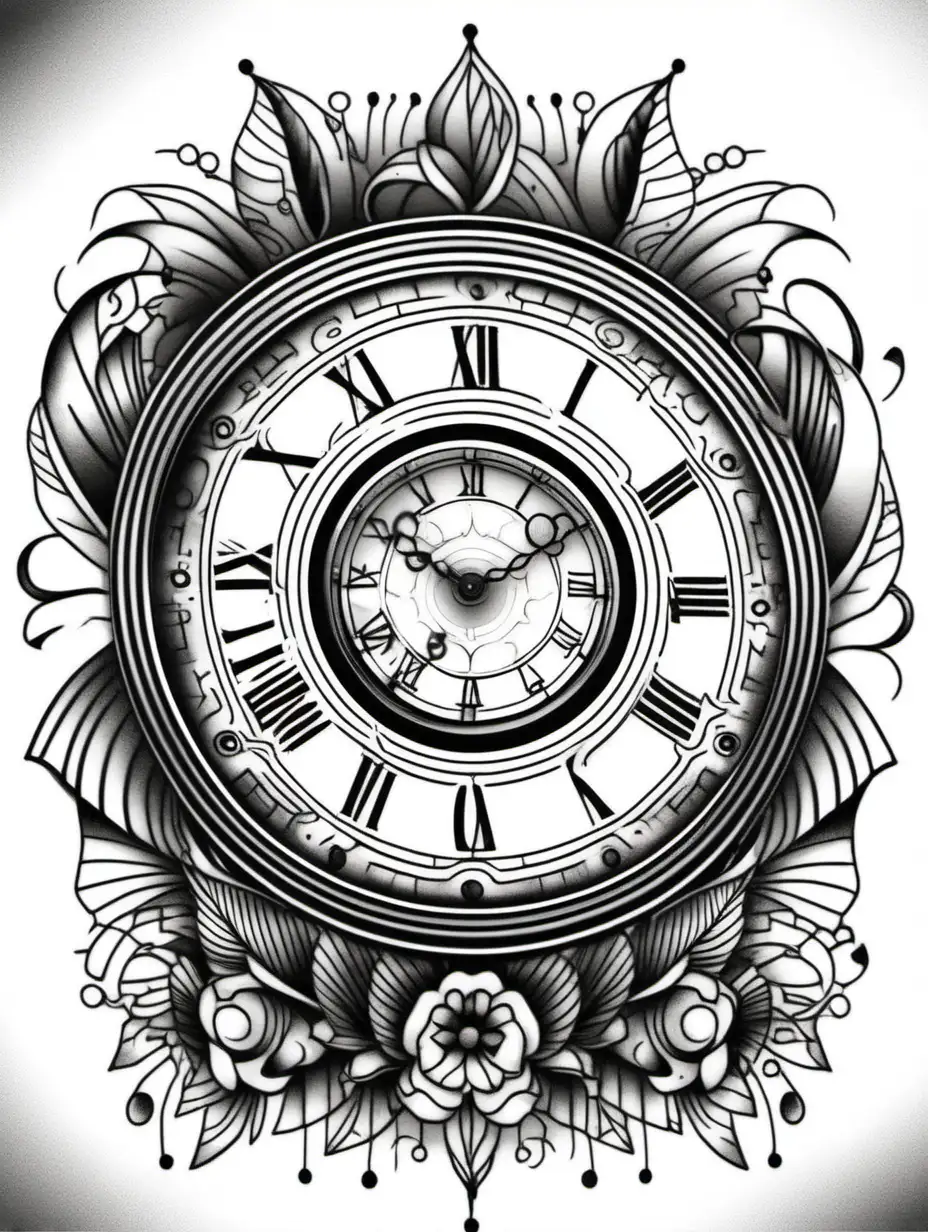 modern black and white clock tattoo. In a coloring book style.