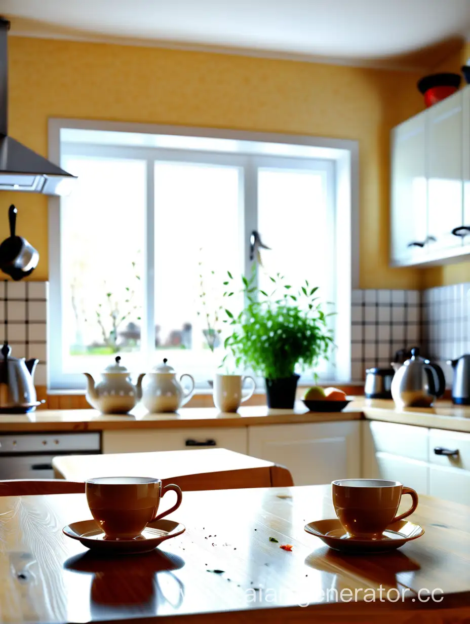 сгенерируй: на заднем фоне кухня, а на переднем фоне - стол(слева кружка чая, справа продолжение стола)
