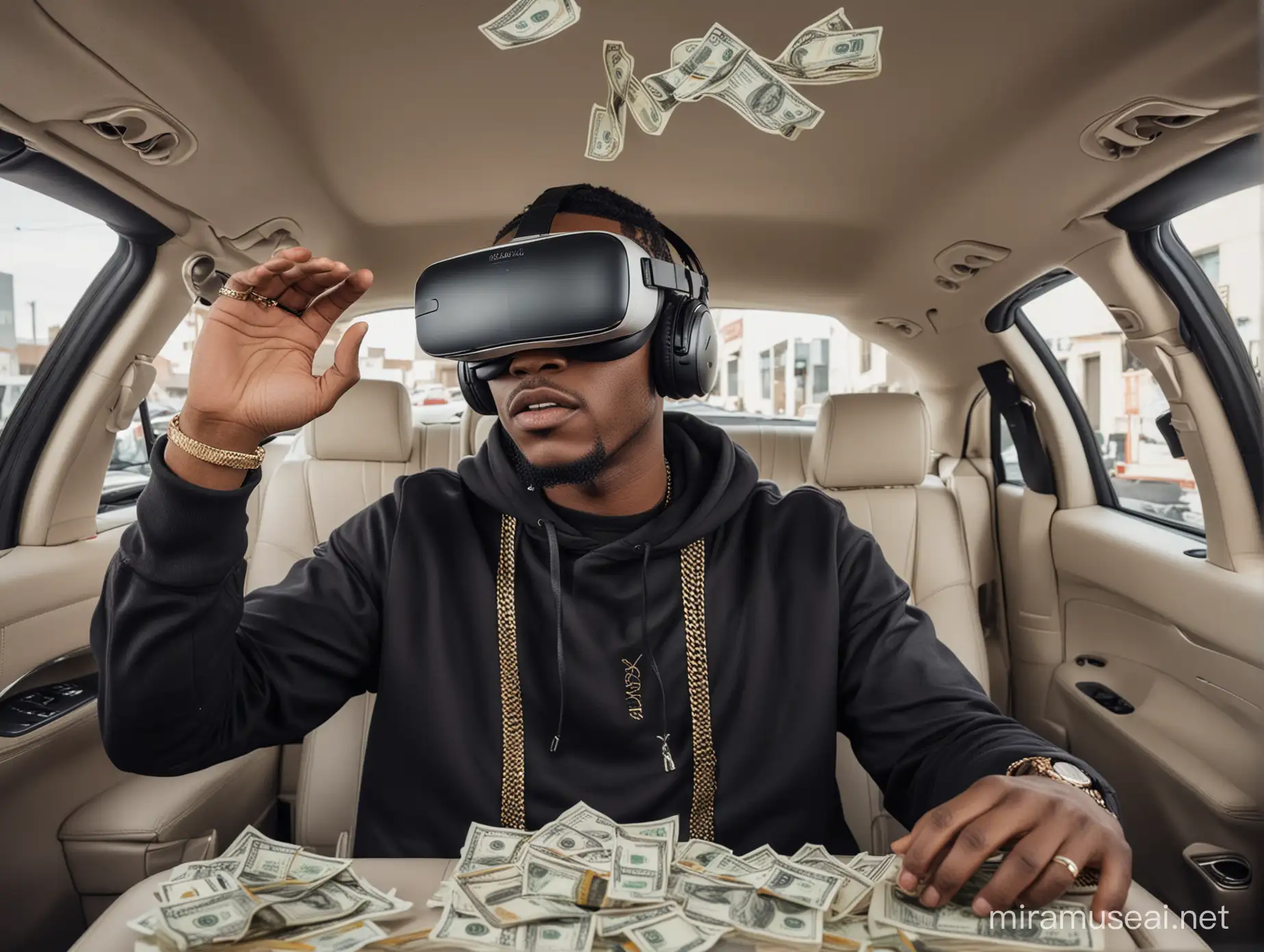 un Rappeur noir avec un casque de réalité virtuel sur la tête dans une voiture de luxe remplie de billet de Dollars américain
