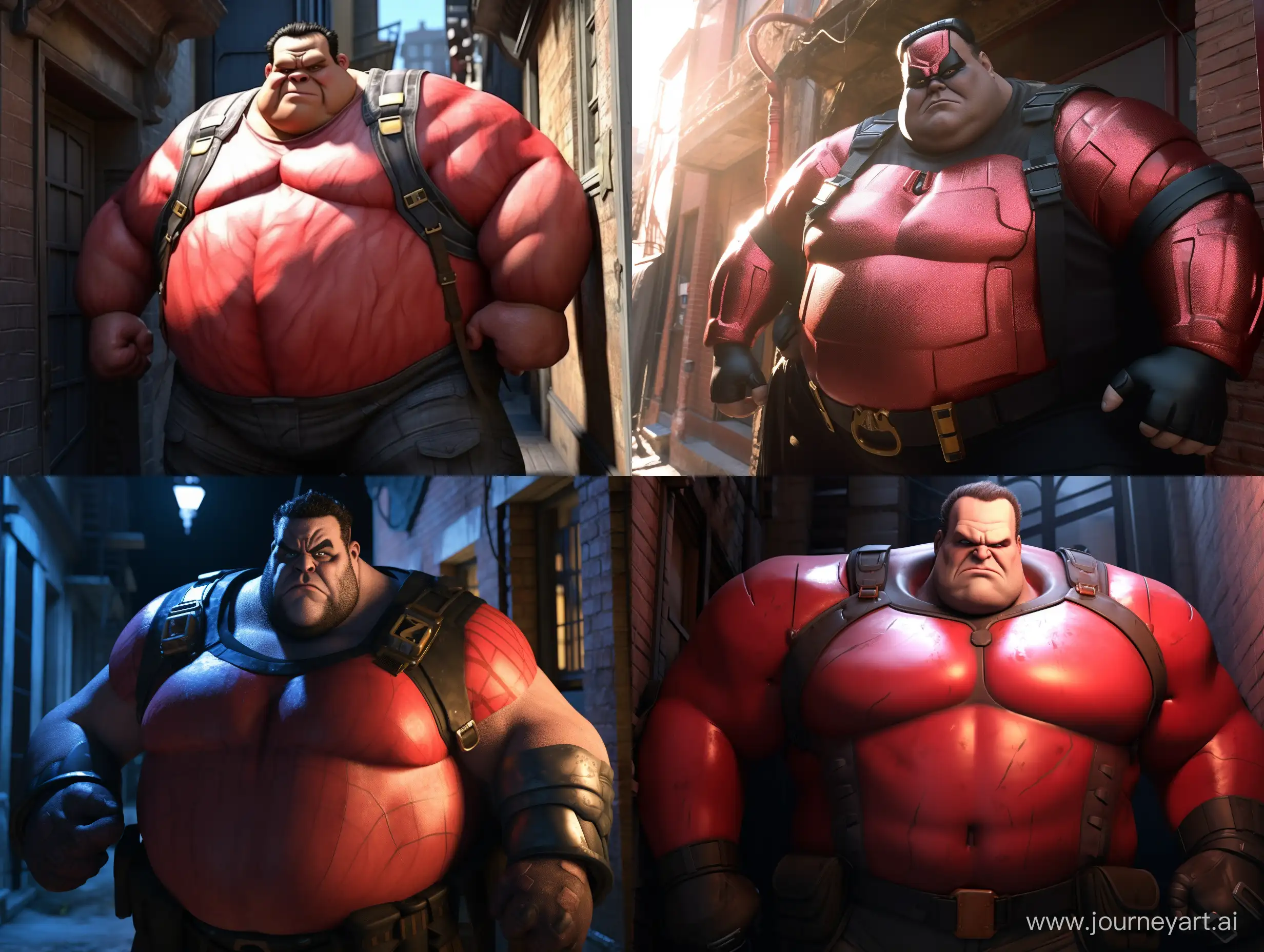 Very Fat Deadpool, looking at the camera, half body, with a huge belly, in an alleyway, realistic, cinematic lighting, --ar 4:3 --q 2