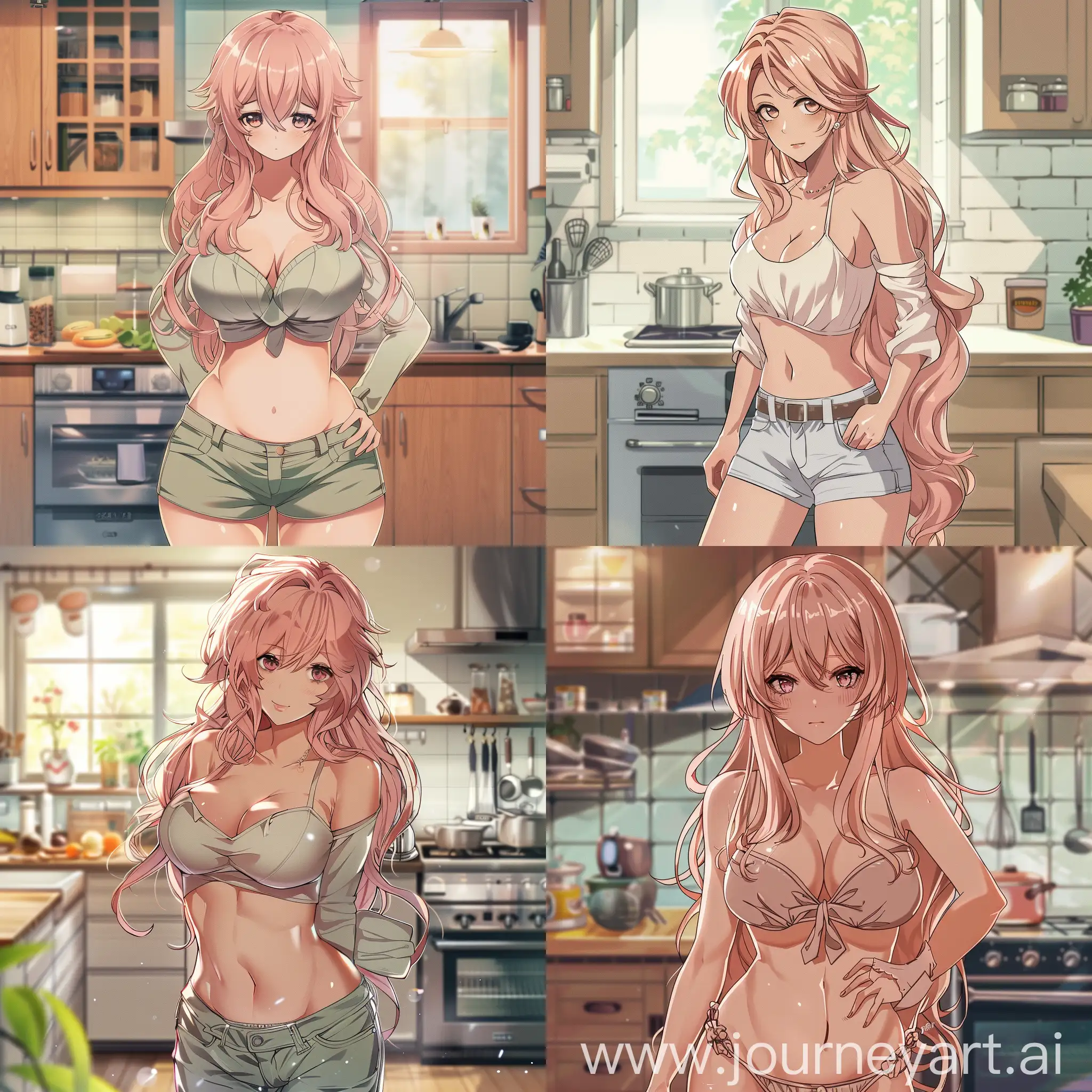 A yaoung woman with a curvy figure with long babypink hair wearing normal clothes, looks motherly and in a kitchen background, anime style