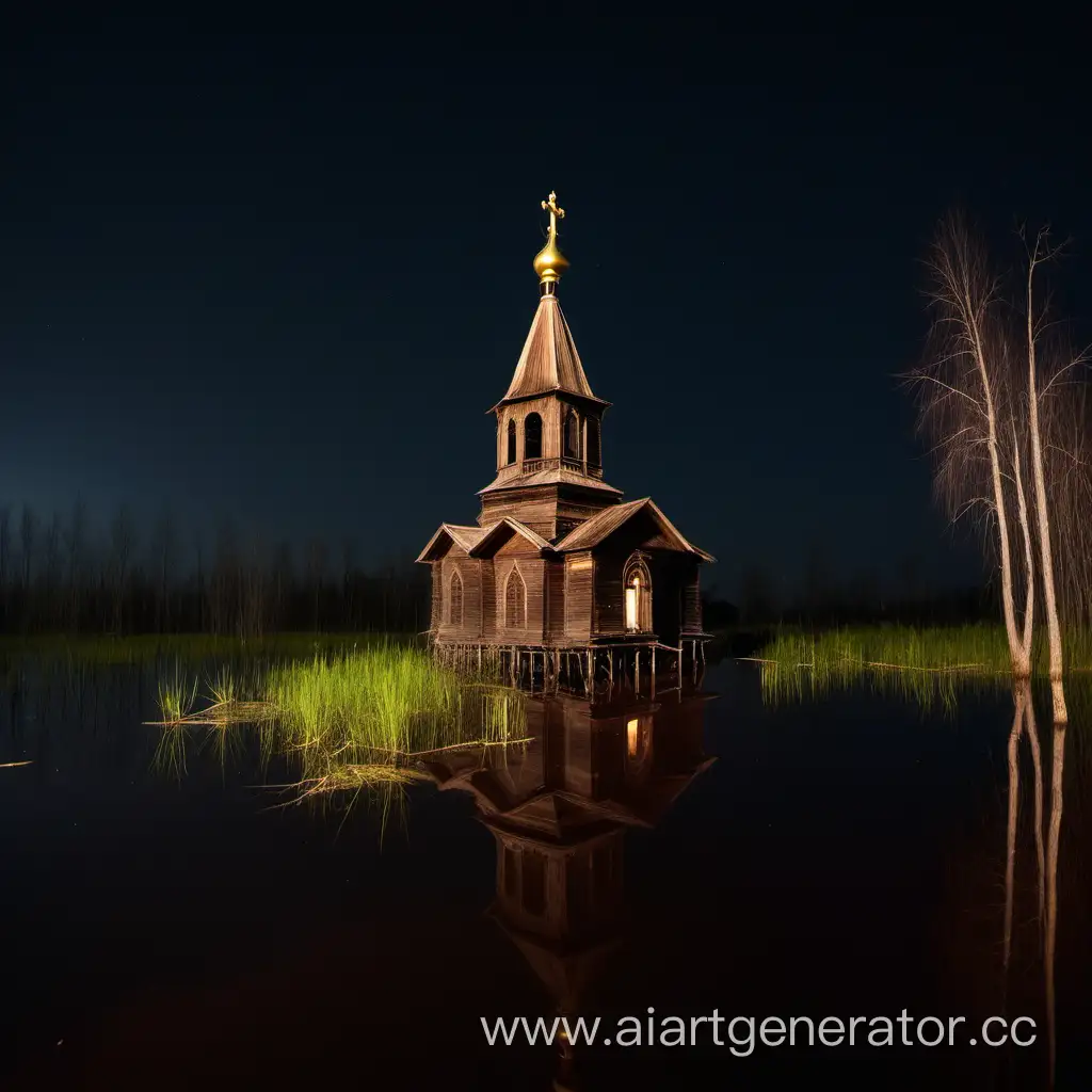 Старый, деревянный православный храм почти утонувший в болоте ночью