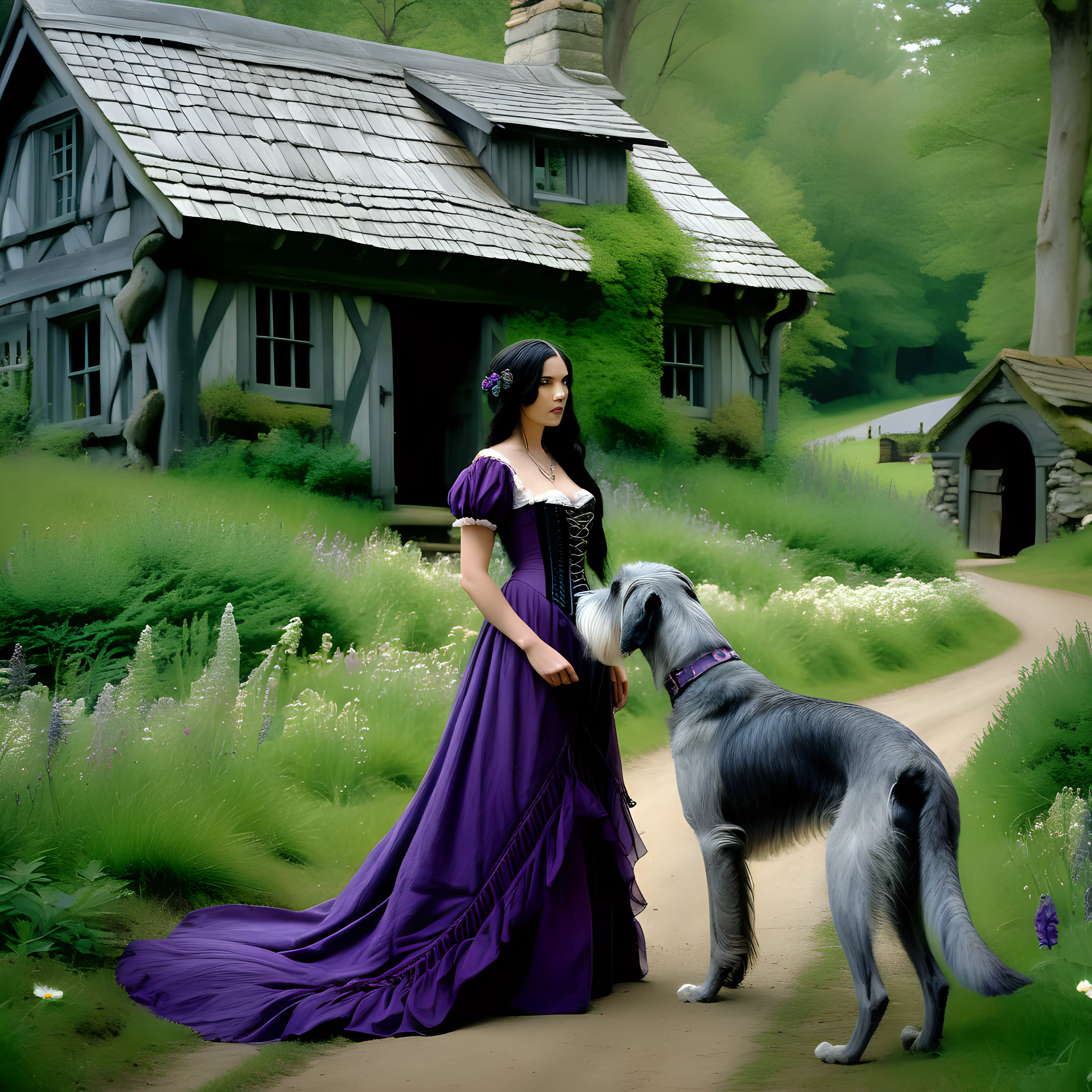 in the middle of a deep dark forest, beautiful woman with long black hair done up in braids on top of her head wearing an 1800's tightly corseted purple gown, she is standing in front of an old cottage with her playful gray irish wolfhound, the scenery is lush and green with many flowers growing around the cottage