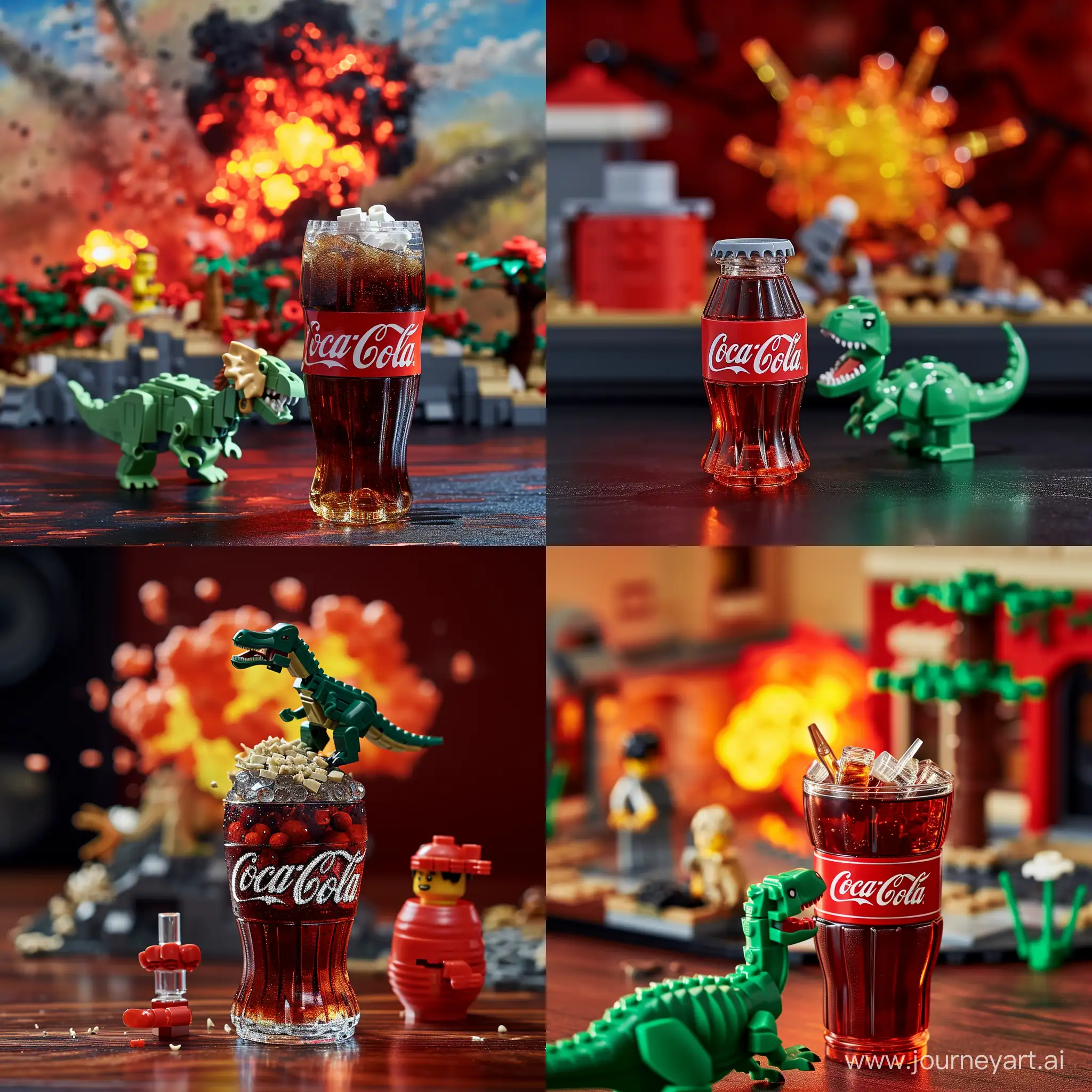 кока кола с динозавром лего а на фоне взрыв