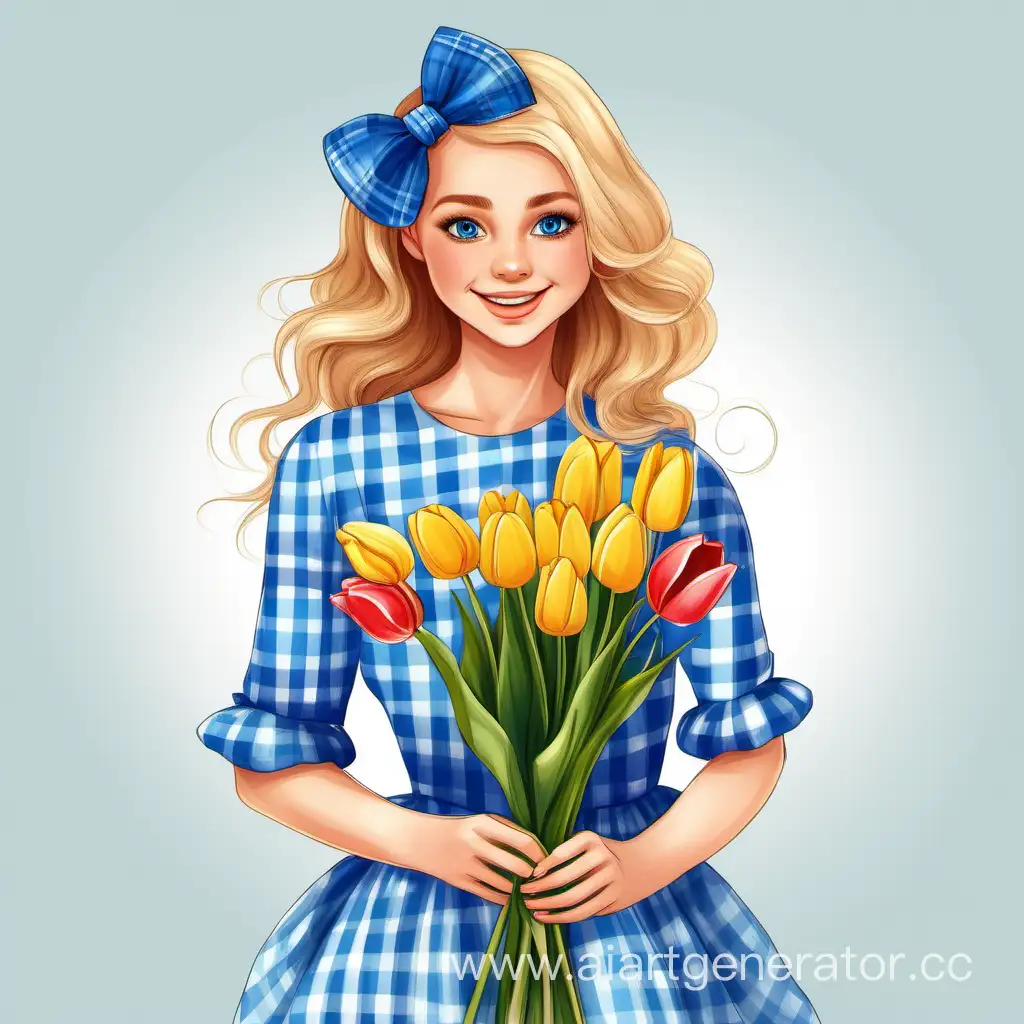 девочка в клетчатом платье, голубые глаза, голубой бантик в волосах, с букетом в тюльпанов, улыбается, на белом фоне, рисунок, в полный рост