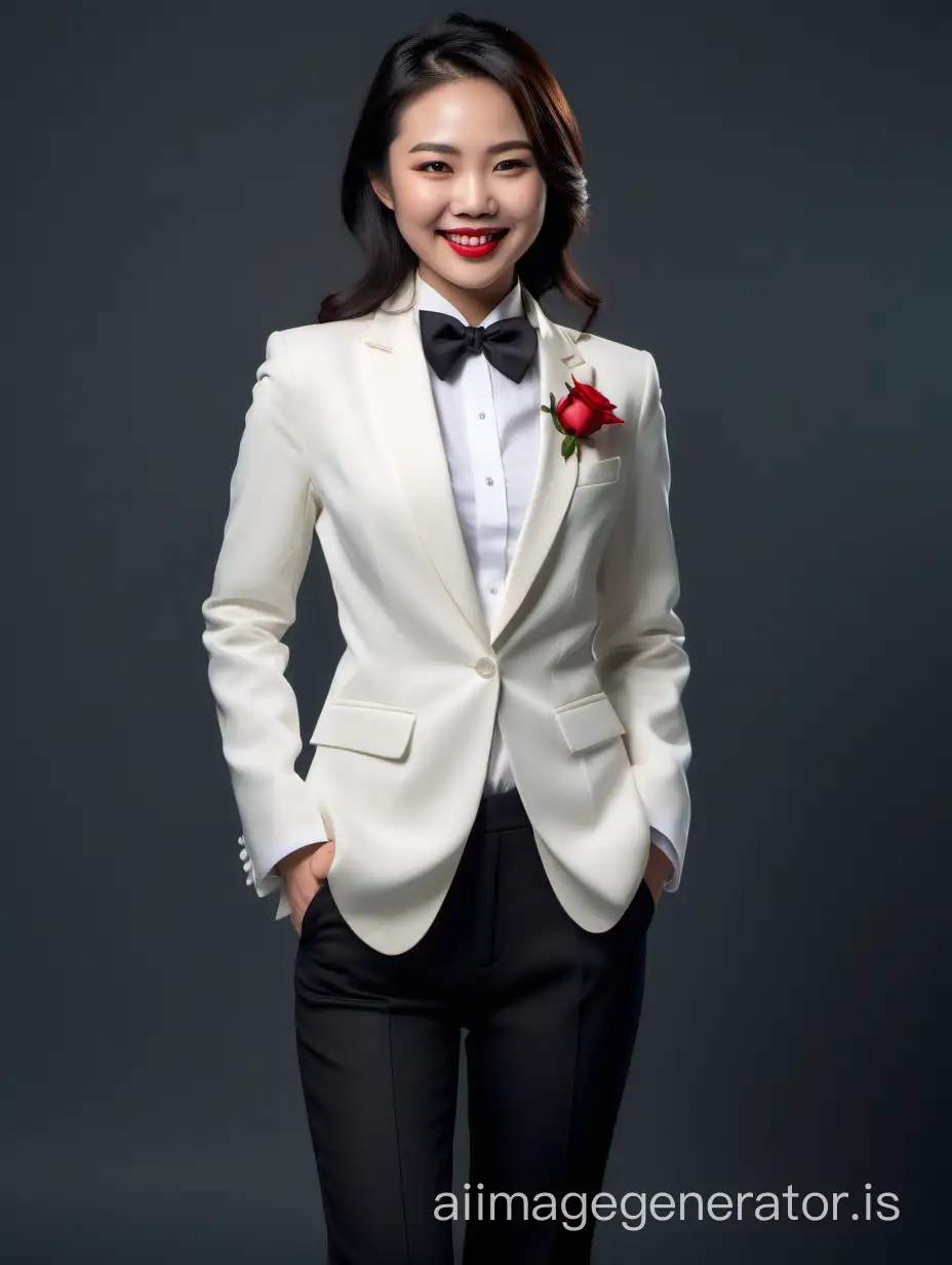 Cute and sophisticated and confident and smiling and laughing Chinese woman with shoulder-length hair and lipstick wearing an unbuttoned ivory tuxedo with (black pants) with a white shirt and a black bow tie. Her jacket is open. Her hands are in her pockets. Her corsage is a red rose.