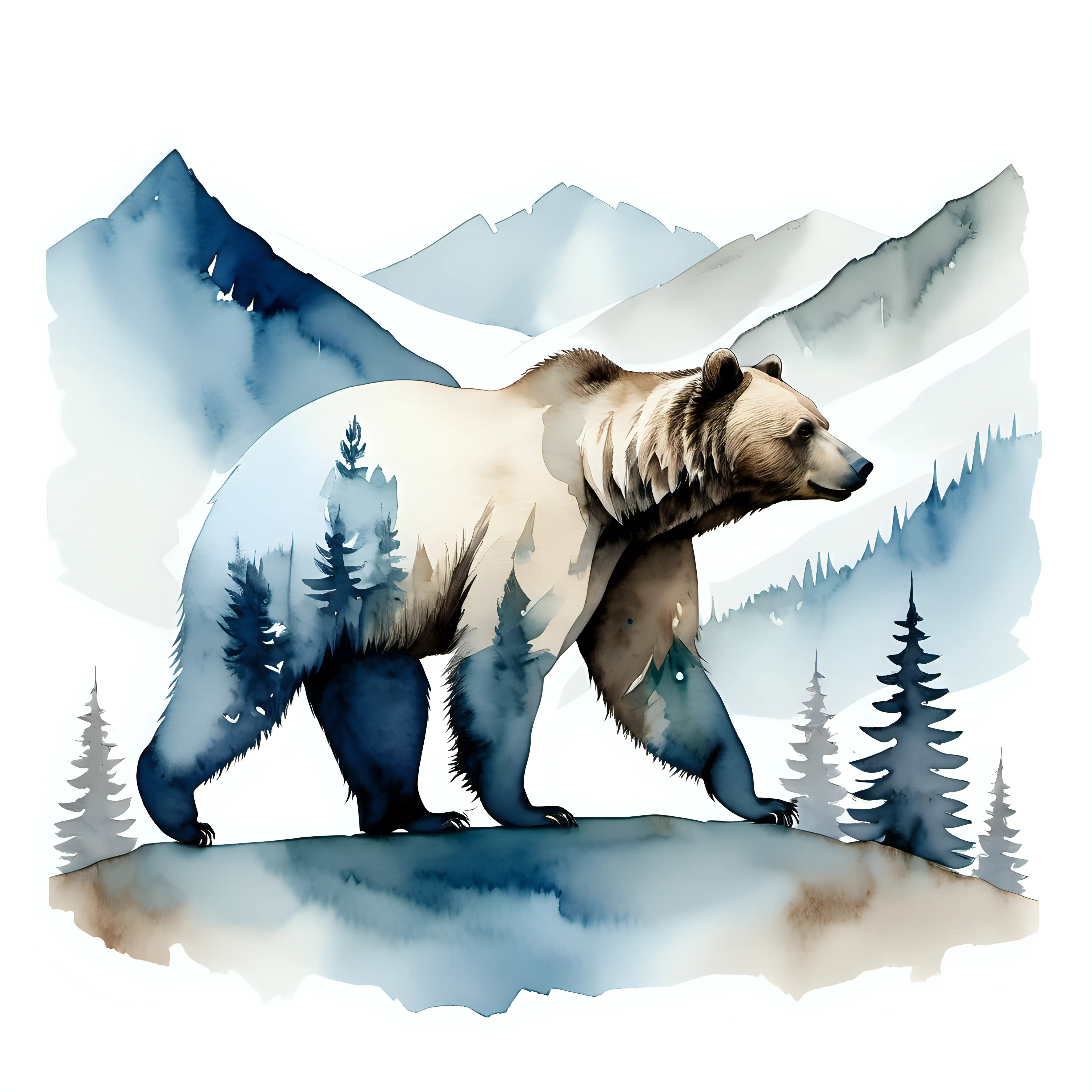 Minimalist Watercolor Painting of a Bear in the Tranquil Mountains