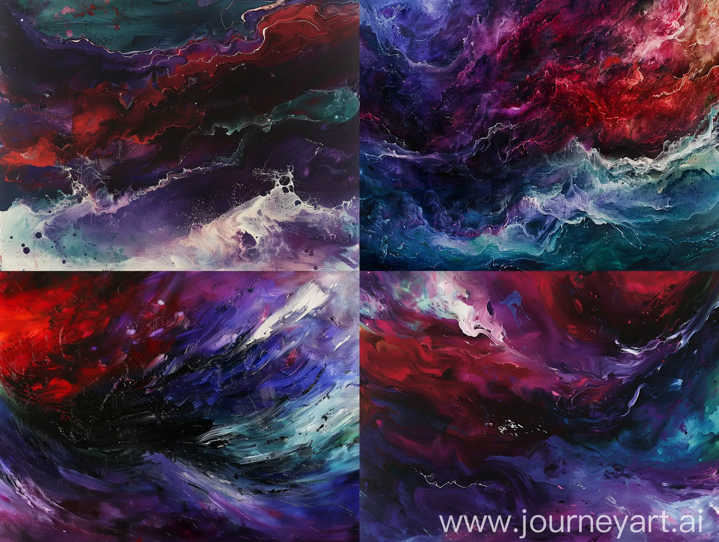 violent deep purples, reds and blues with small traces of greens and whites with blackening edges in a sweeping and swirling wash of an ocean of angry colours. To represent a form of beautiful despair