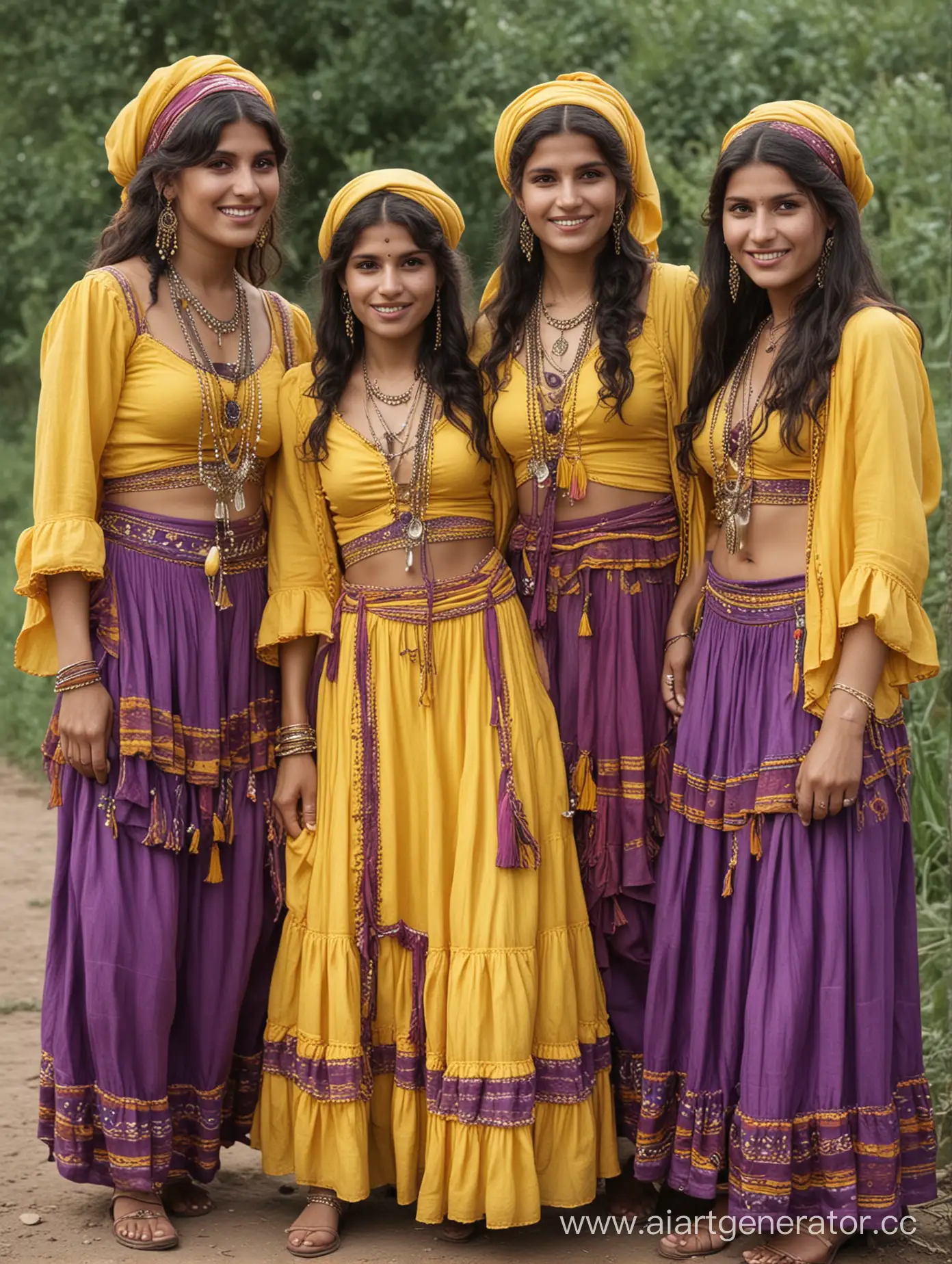 Colorful-Gypsies-in-Yellow-and-Purple-Garb-Dancing-Joyfully