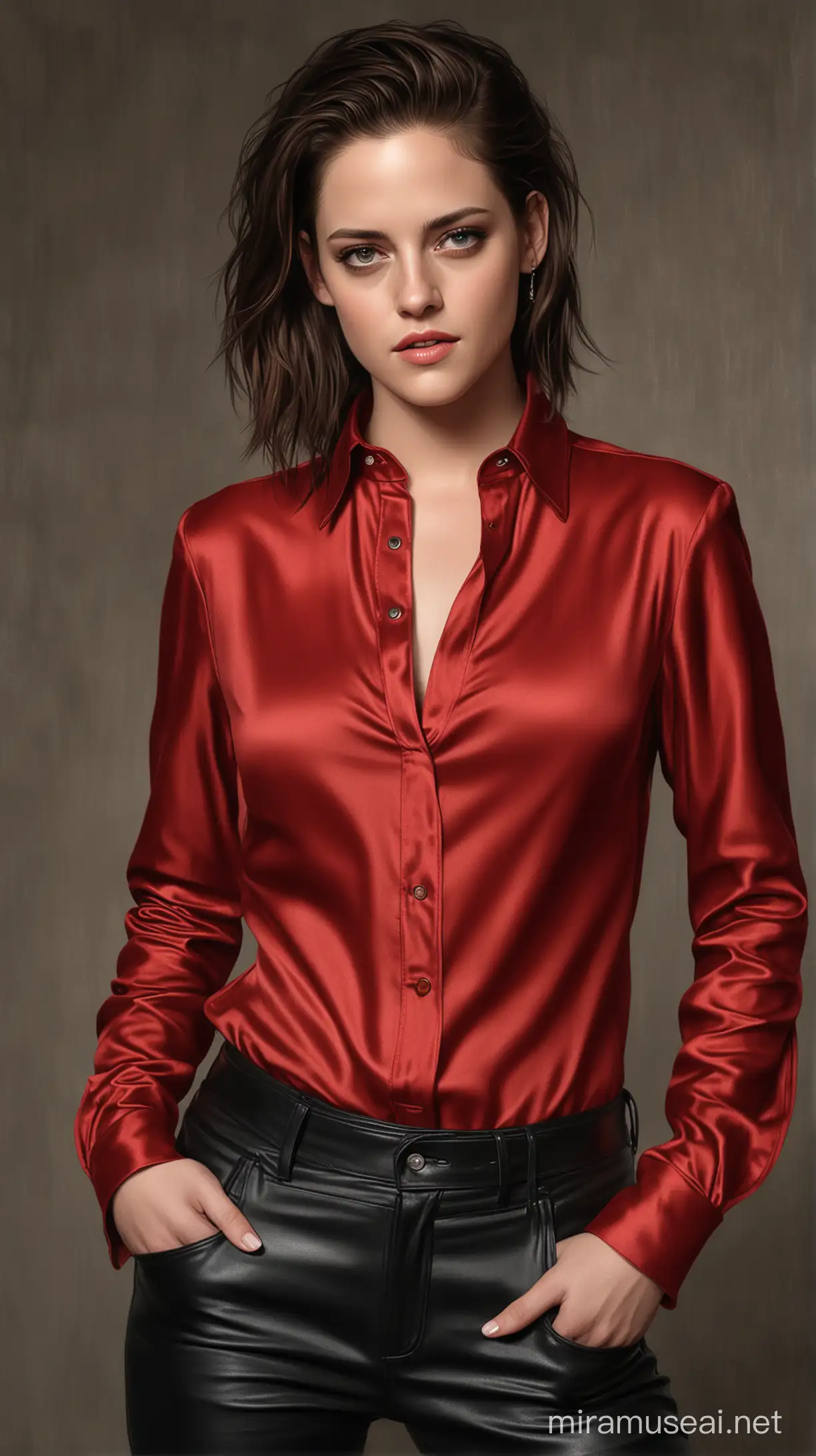 Detailed digital painting of Kristen Stewart, in a long sleeve red satin blouse, black leather pants, high fashion portrayal, realistic textures, detailed facial features, professional digital art, high quality, realistic, detailed clothing, satin fabric, leather texture, professional lighting, realistic portrait, celebrity, glamorous, highres, professional rendering, detailed hair, elegant pose
