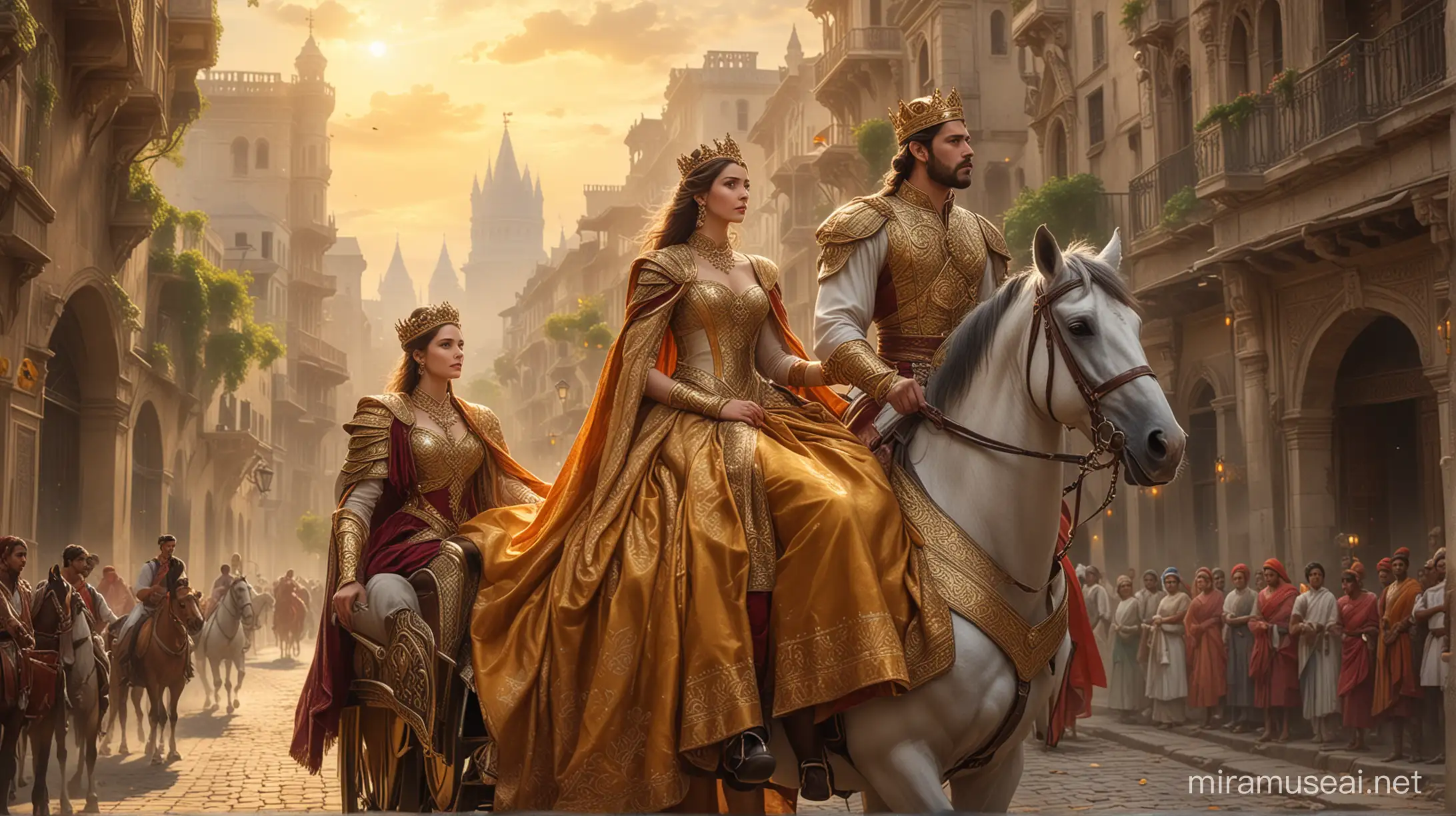 Majestic King and Elegant Queen Riding Through Splendid Kingdom