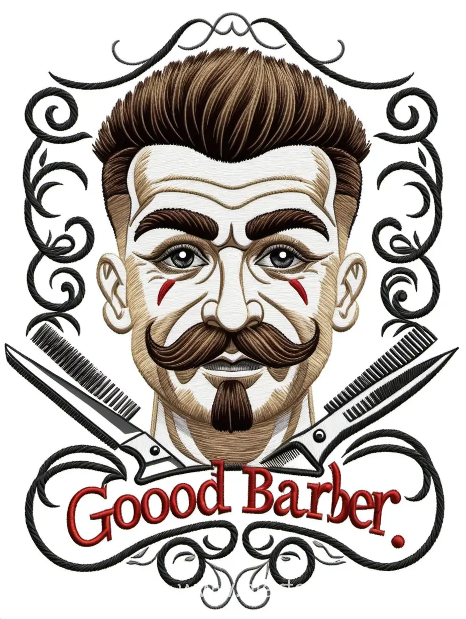 "A good barber never cuts corners." Embroidery for T-shirt design, on a white background 