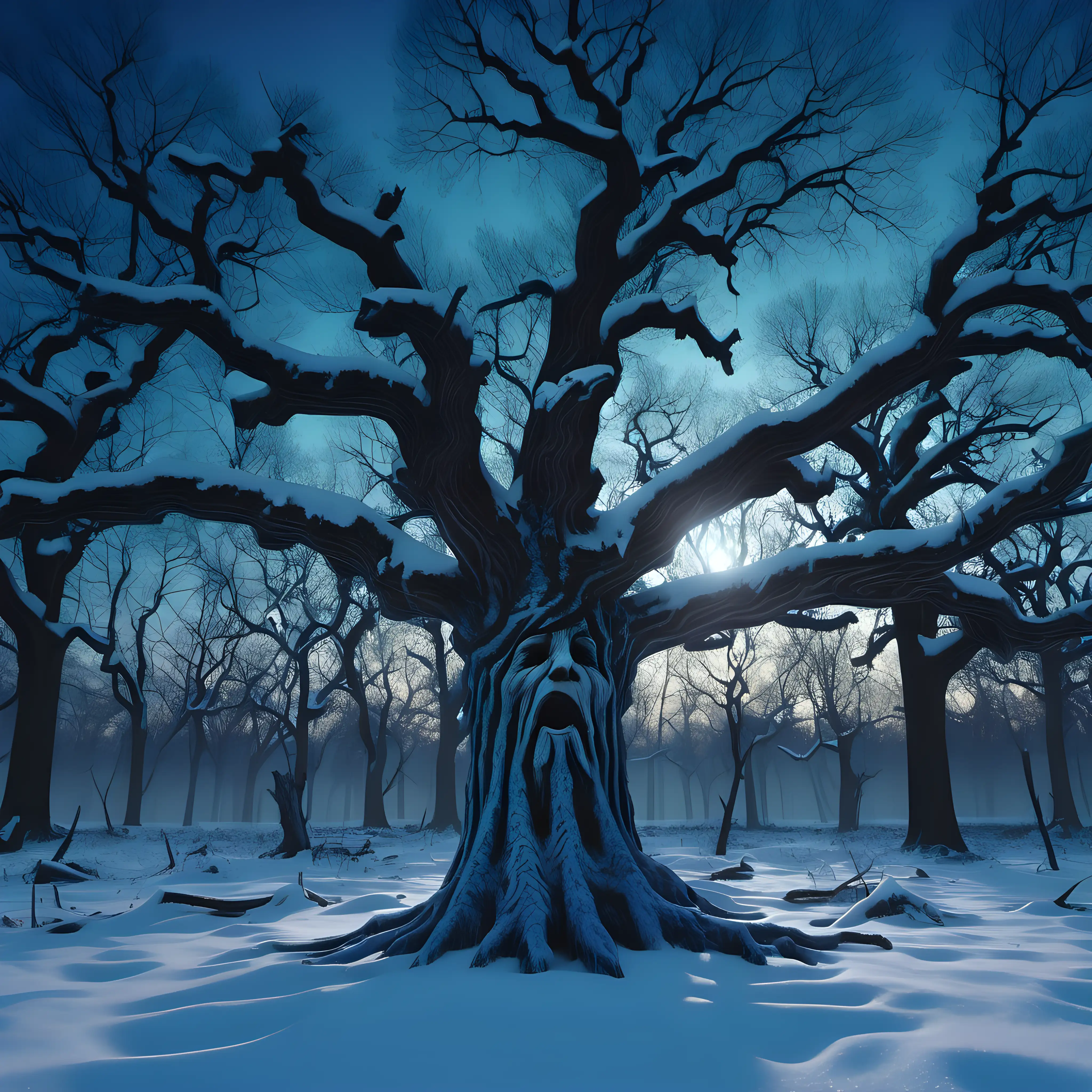 A scenic snowy forest landscape. In the right of the scene an old oak with a face in the bark and branches as arms are standing, blue sunset light, 1080f resolution, ultra 4K, high definition, volumetric light