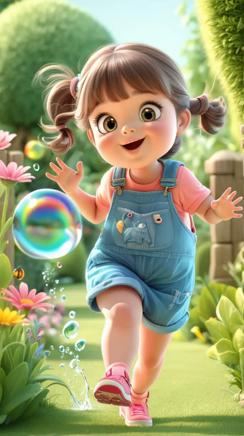 Create a 3D illustrator of an animated scene backside image of a cute little girl with chubby cheeks, the little girl is happily chasing a water bubble in a garden. Beautiful, mildly colourful and spirited background illustrations.