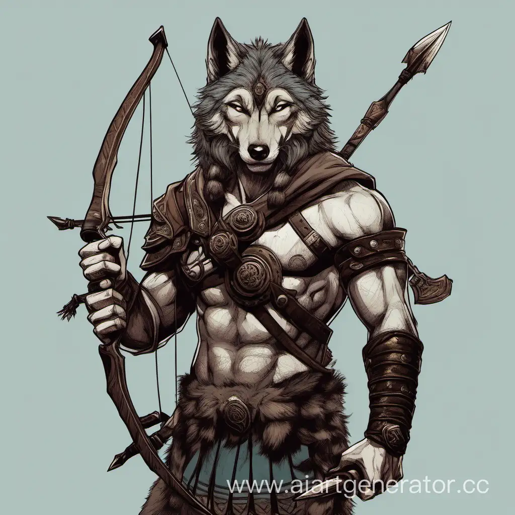 a warrior male character with a bow in his hands and a wolf's head on his arms