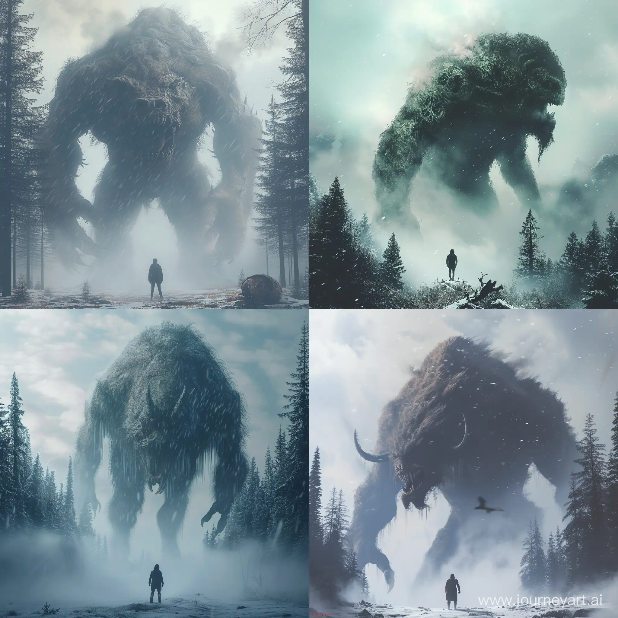 create image of A huge and very big creature in the middle of a foggy forest with tunder and snow standing in front of a normal human, with the picture being realistic, full of details, saturated with colors and lighting, and some dramatic