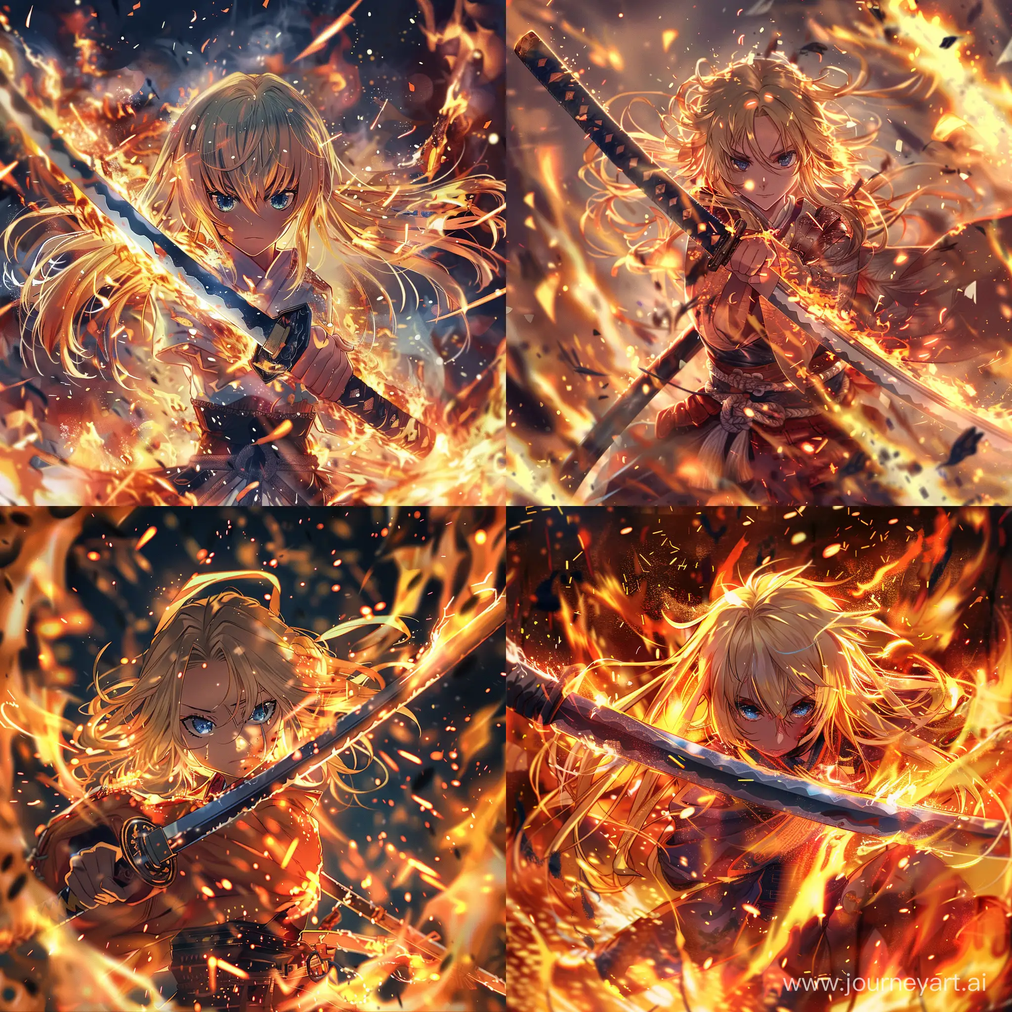 The image of a katana (Japanese weapon) in the embrace of flames, sparks. The katana is held by a girl with blonde hair and blue eyes. A girl with a katana in the middle, and fire behind them and on the sides. Detailed, use for an avatar. Definitely in the anime style