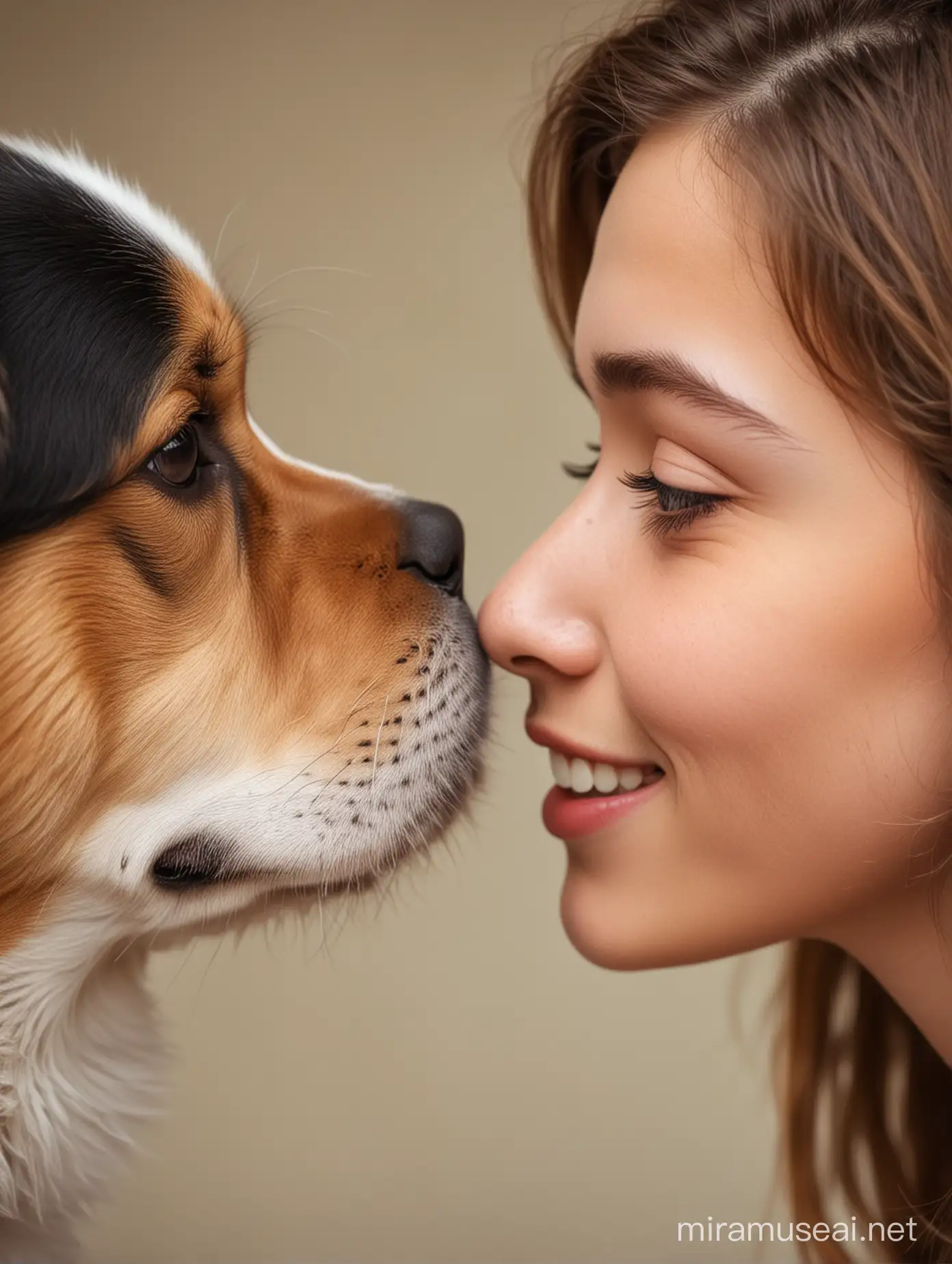 Girl and dog together, their noses are touching and they stare at each other, they are both happy.