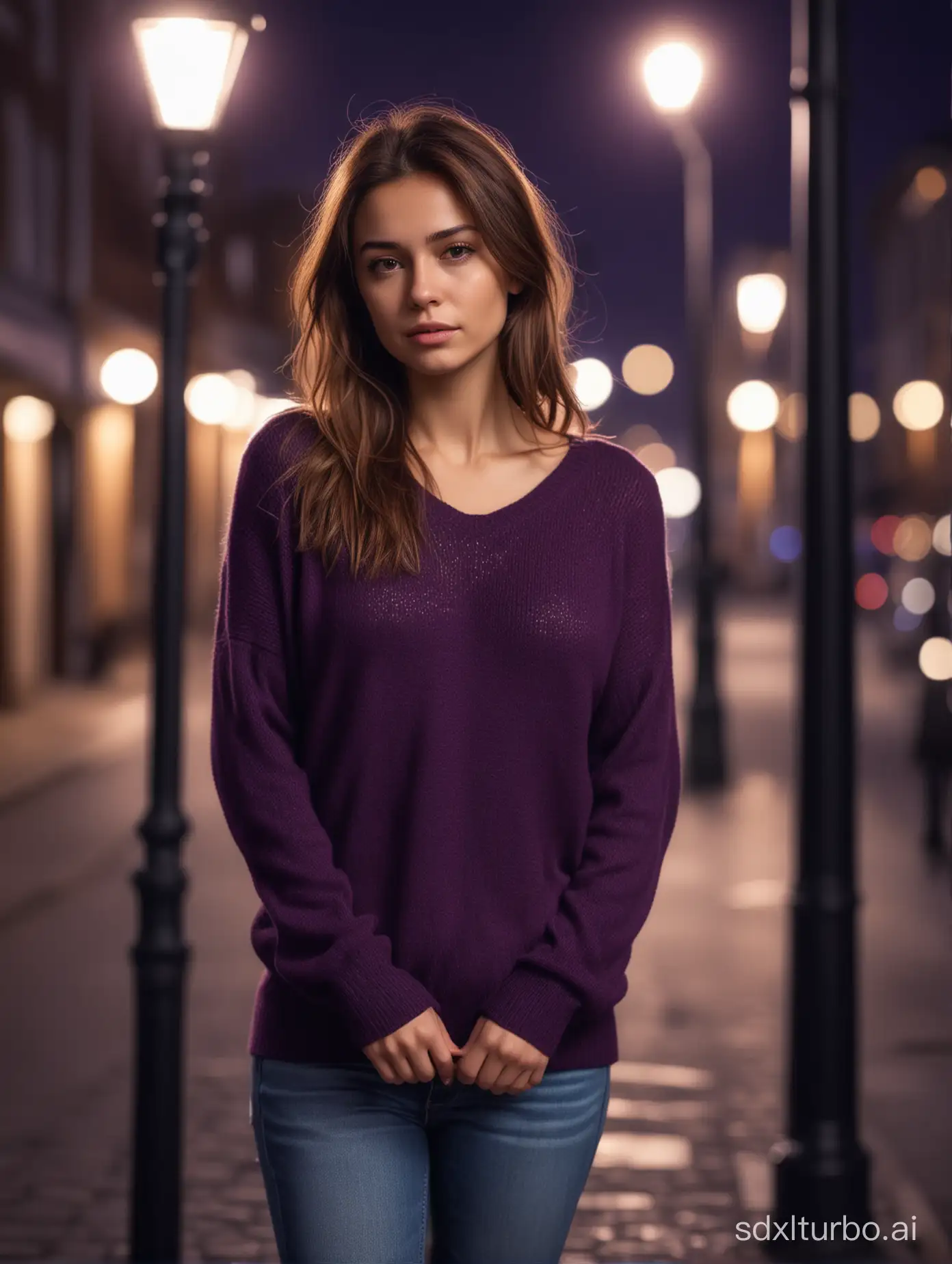 medium brown haired woman, slim body, small breast, wearing dark purple sweater, standing by a street lamp, at night, blur background, bokeh, realistic, looking sad
