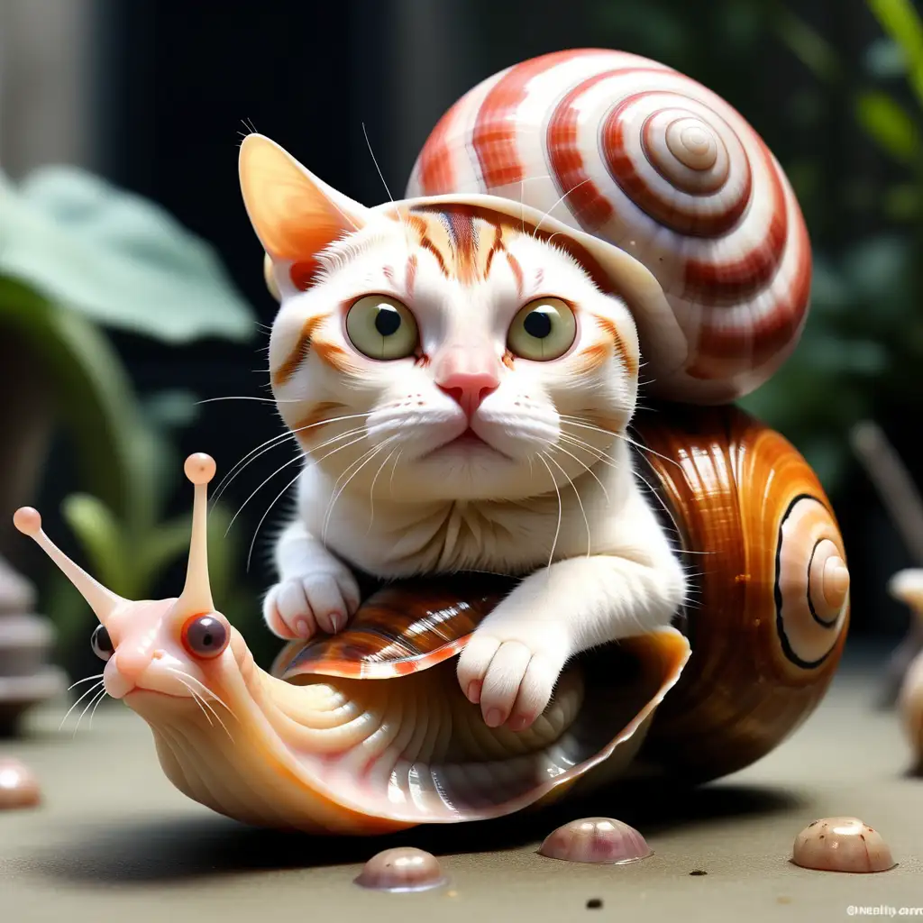 cat head on a large snail body with a large shell 
