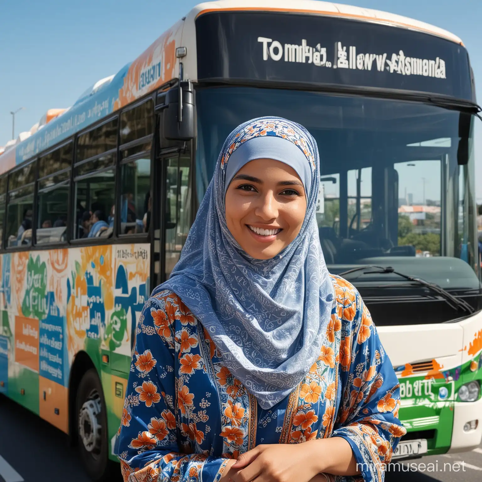 sphotography of a Doble Decker bus with blue, white and orange livery, on the back of the bus there is a photo of a (..)year old woman wearing a hijab, smiling happily, wearing a floral patterned shirt, under the photo of the girl there is the writing "Tombo kangen" on the background of the toll road, there is a board The green road sign has the words "Jakarta-Surabaya". Hyper realistic, very clear, UHD