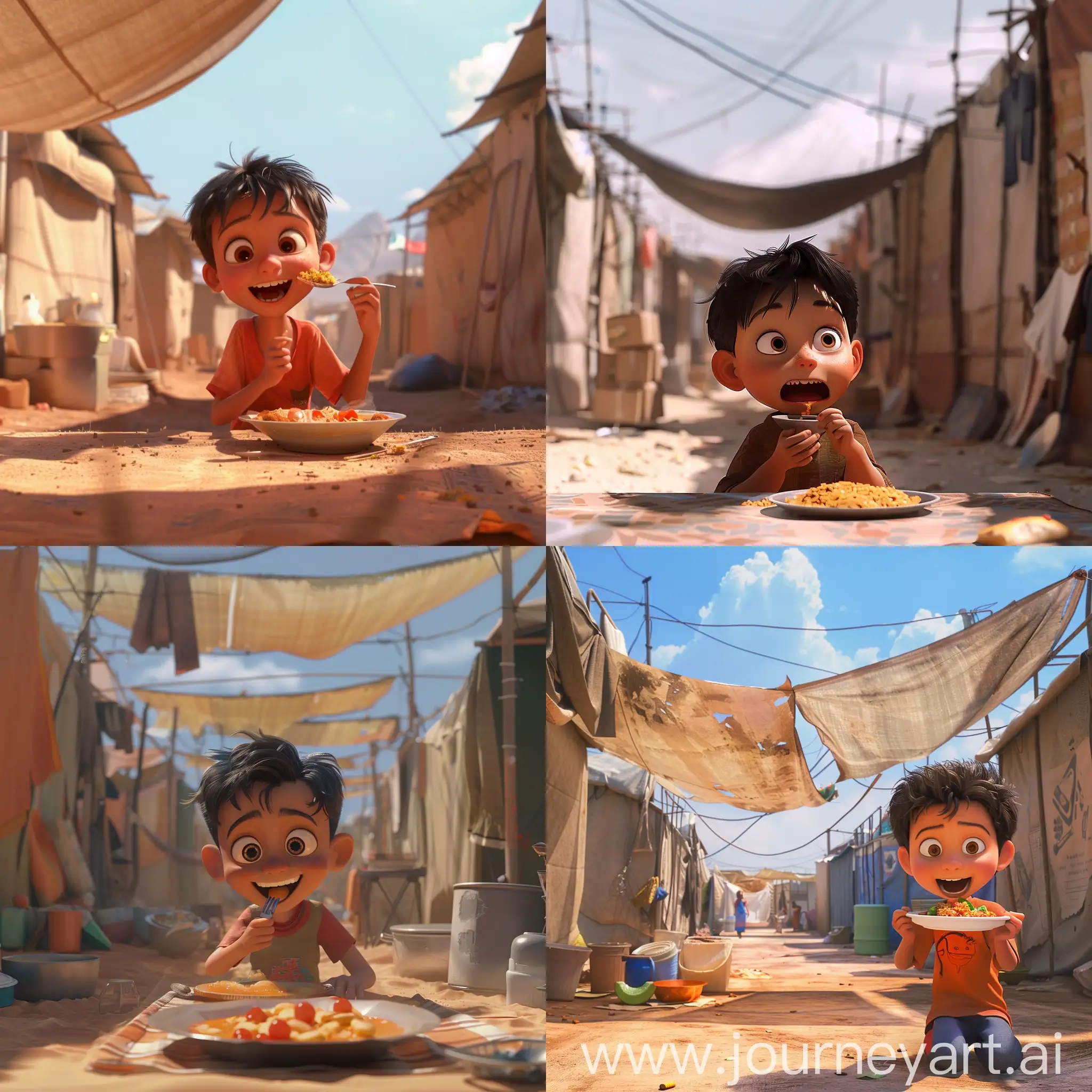 pixar style of kid eat a meal happy in refugee camp