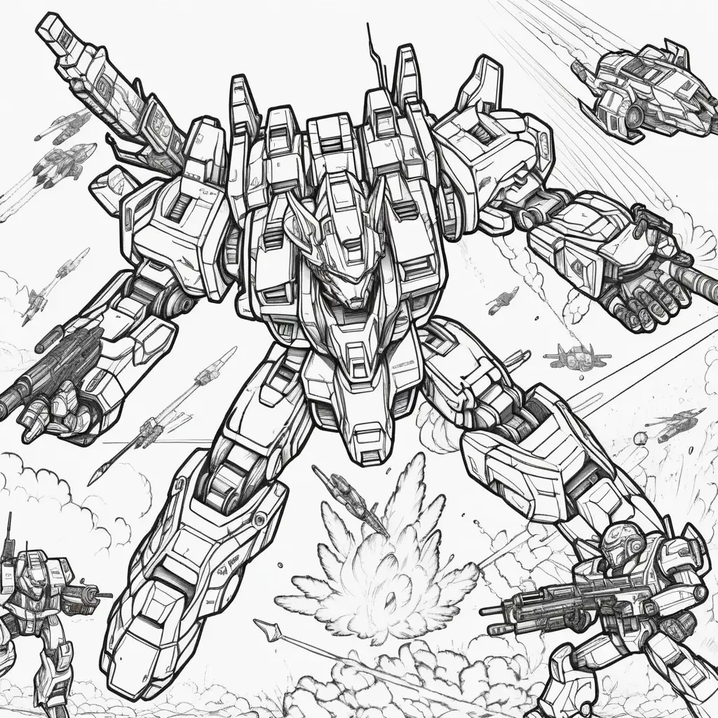 Mechs equipped with various weaponry engaged in a fierce aerial dogfight, coloring book style, thick lines, no shading, simple, black and white