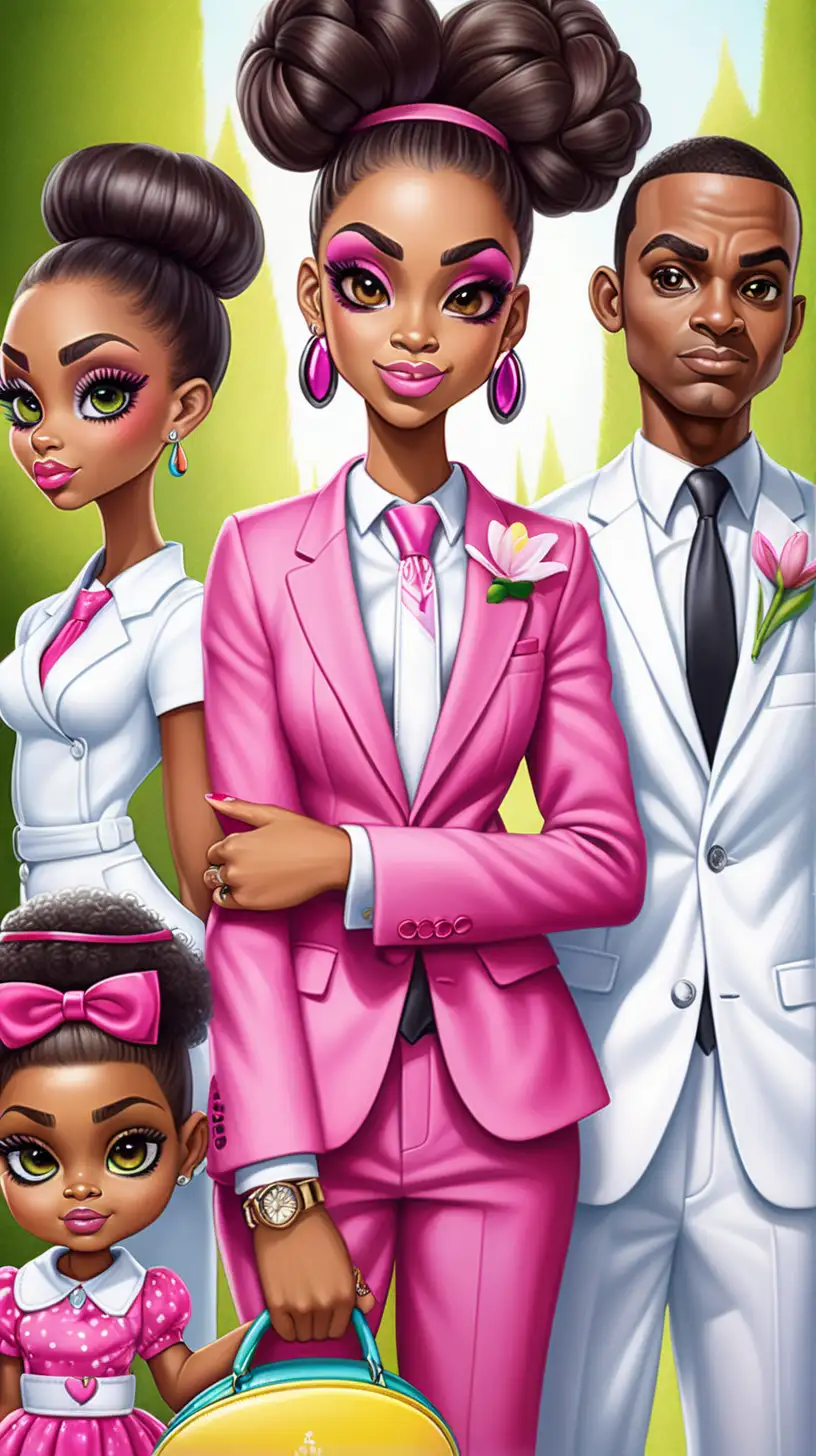 Create a cartoon happy beautiful African American family. A young woman with an exaggeratedly large head and big, expressive eyes, giving her a doll-like appearance. She has a voluminous, high bun hairstyle and her makeup is bold and colorful, with dramatic eyelashes. She's wearing a fashionable, bright pink suit with a modern cut, cinched at the waist, accessorizing with hoop earrings, a bangle, and a small clutch purse. Create an African American man with an exaggerated large head and big expressive eyes wearing a designer white suite with hot ink tie.  Create Three African American children dressed in their Sunday's best searching for eggs in an easter egg hunt. The background is an urban church. There is lush green shrubbery and vibrant pink flowers, exuding confidence and style.