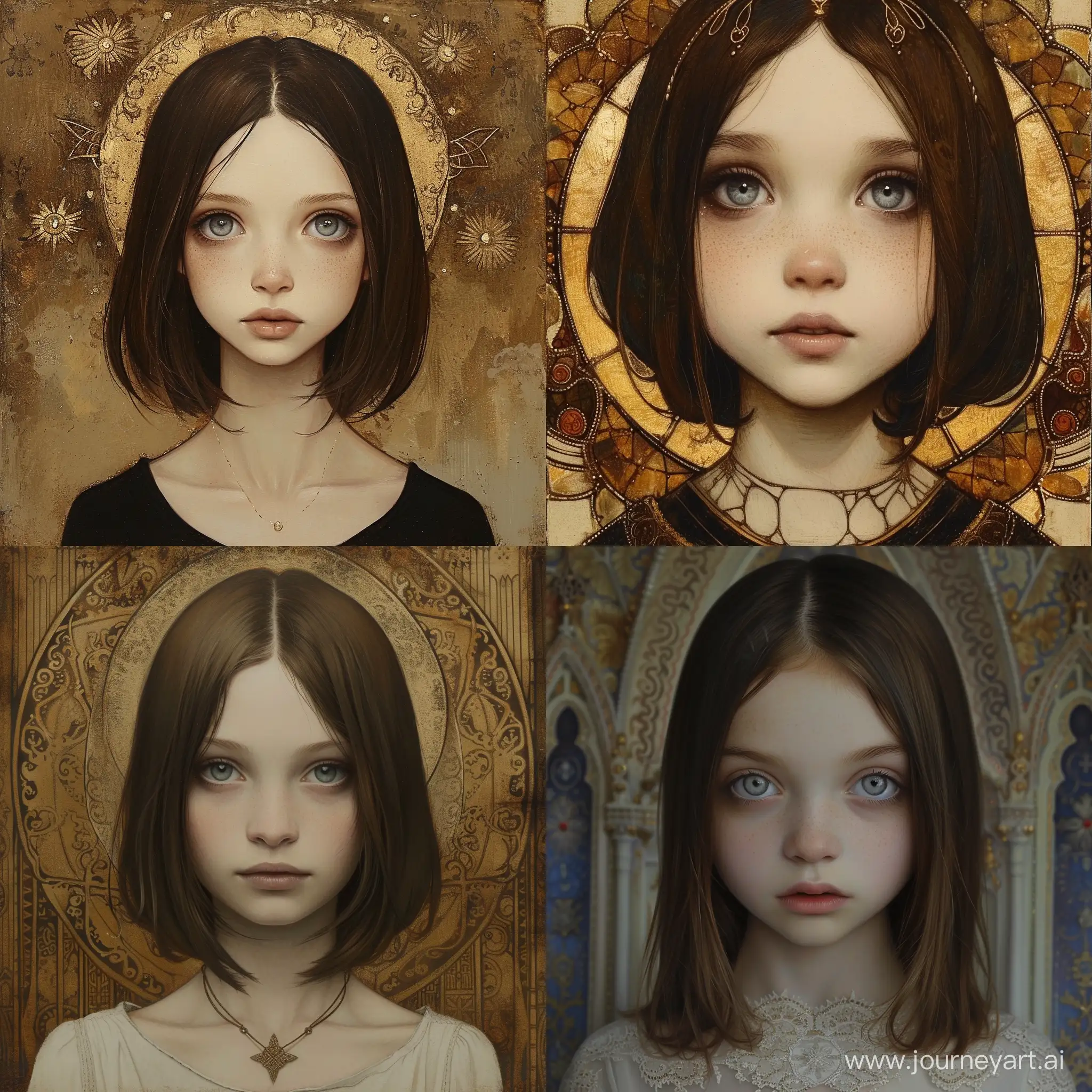 One young beautiful girl. Slim, fit figure. Pale skin. The eyes are gray-blue. Brown hair, long bob. City of bones. What the angels are silent about. Crown of omnipotence. It's hard to be a god. (art nouveau:1.4).( romanticism, symbolism, epic). (The Art of Hans Christian Andersen:1.3). (Art of John White Alexander:1.3).