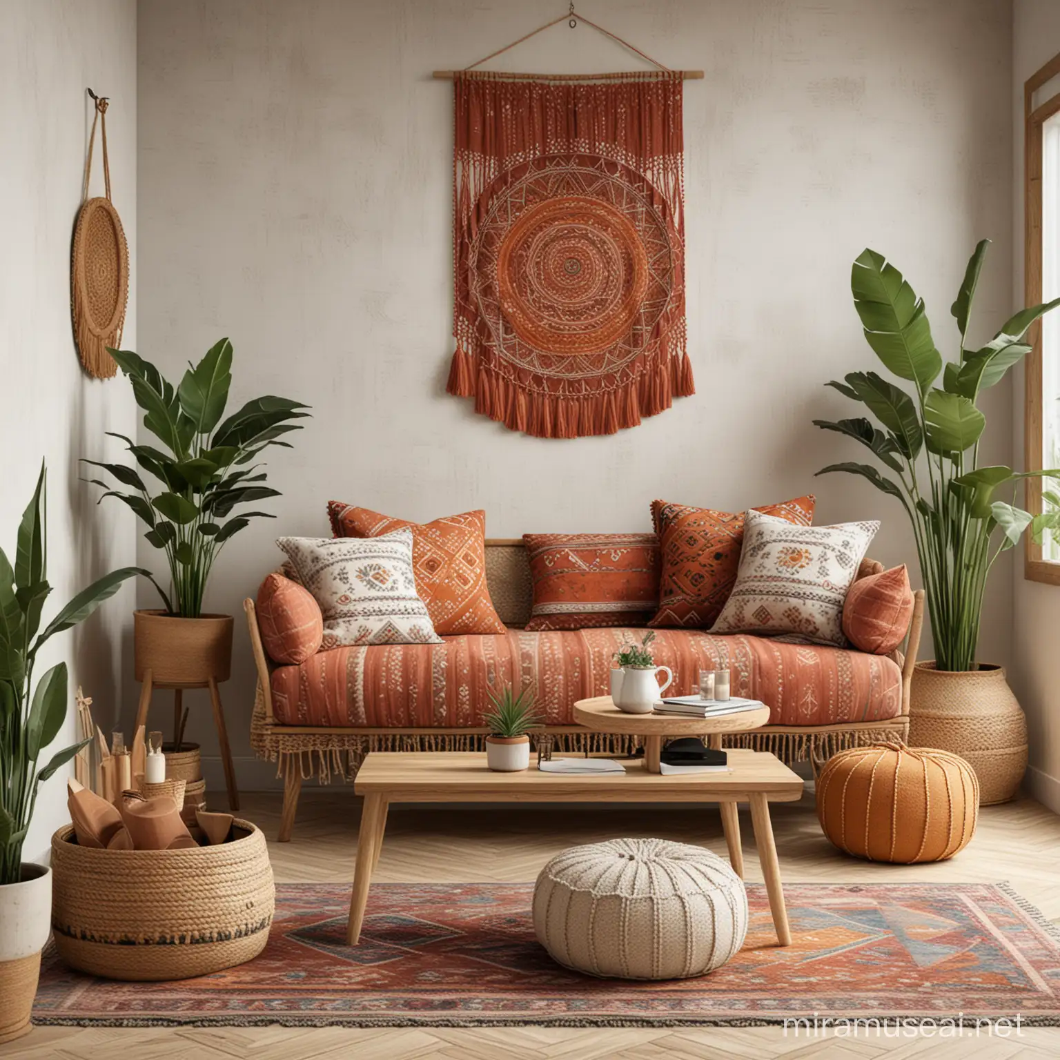 Bohemian Interior Mockup with Cozy Furniture and Vibrant Textures