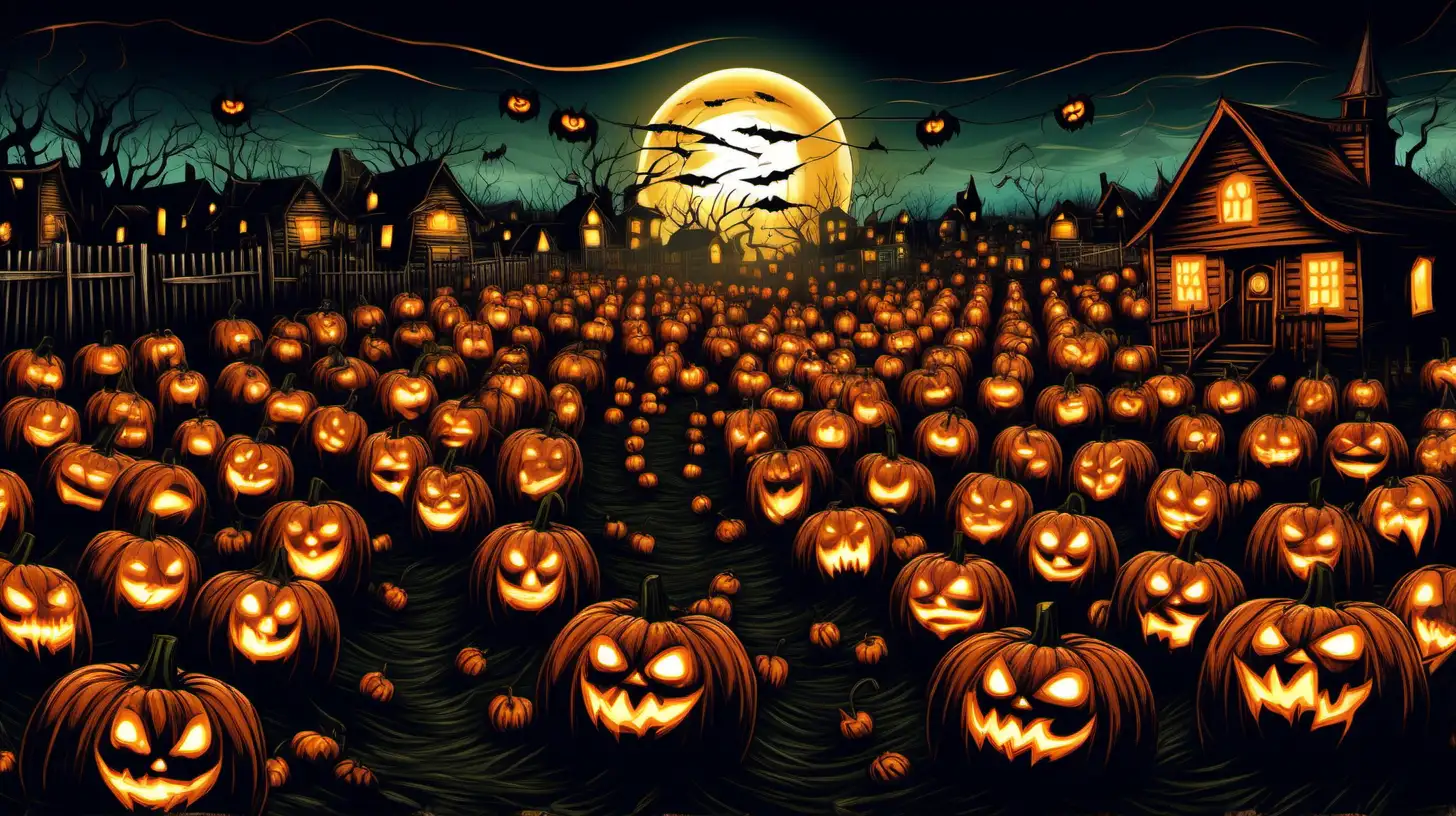 Generate a nightmarish AI artwork featuring a sinister pumpkin patch where jack-o'-lanterns with malevolent expressions come to life, their glowing eyes casting an ominous light on the surrounding darkness
