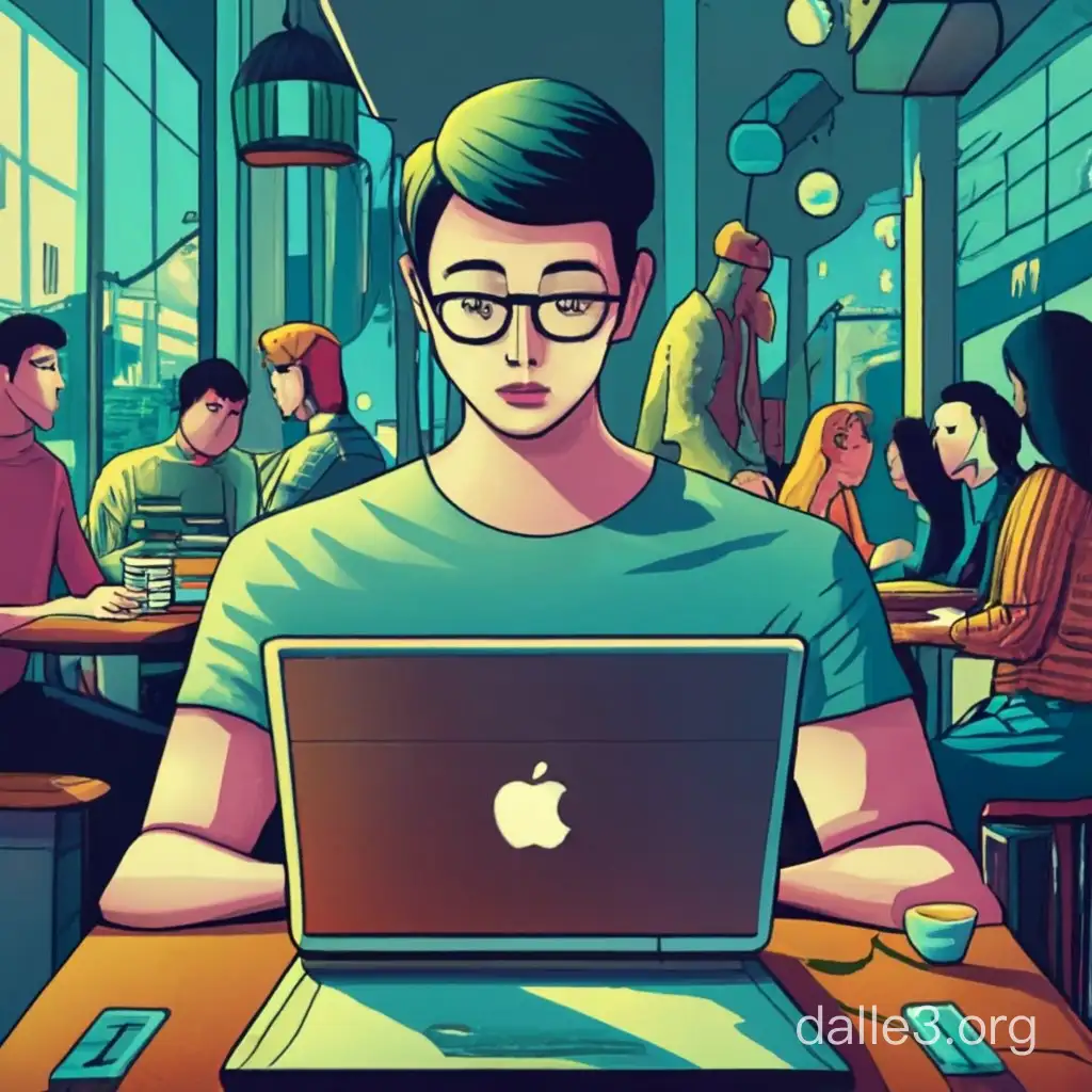 I need an illustration of a fair-skinned, handsome Asian man in his 20s with no beard. The man is small in the center of the illustration, looking at his MacBook and programming intensely in a noisy cafe with people around him.  His straight hair is short, with bangs falling across his forehead. He wears thin black glasses and a long-sleeved, comfortable round tee.   The lower part of his upper body is obscured by the front of his MacBook. Next to the laptop is a hot cup of coffee and a few small notes with a pencil and some handwriting.  The background of the drawing is filled with one solid color, purple, just like the profile picture, making it look realistic.