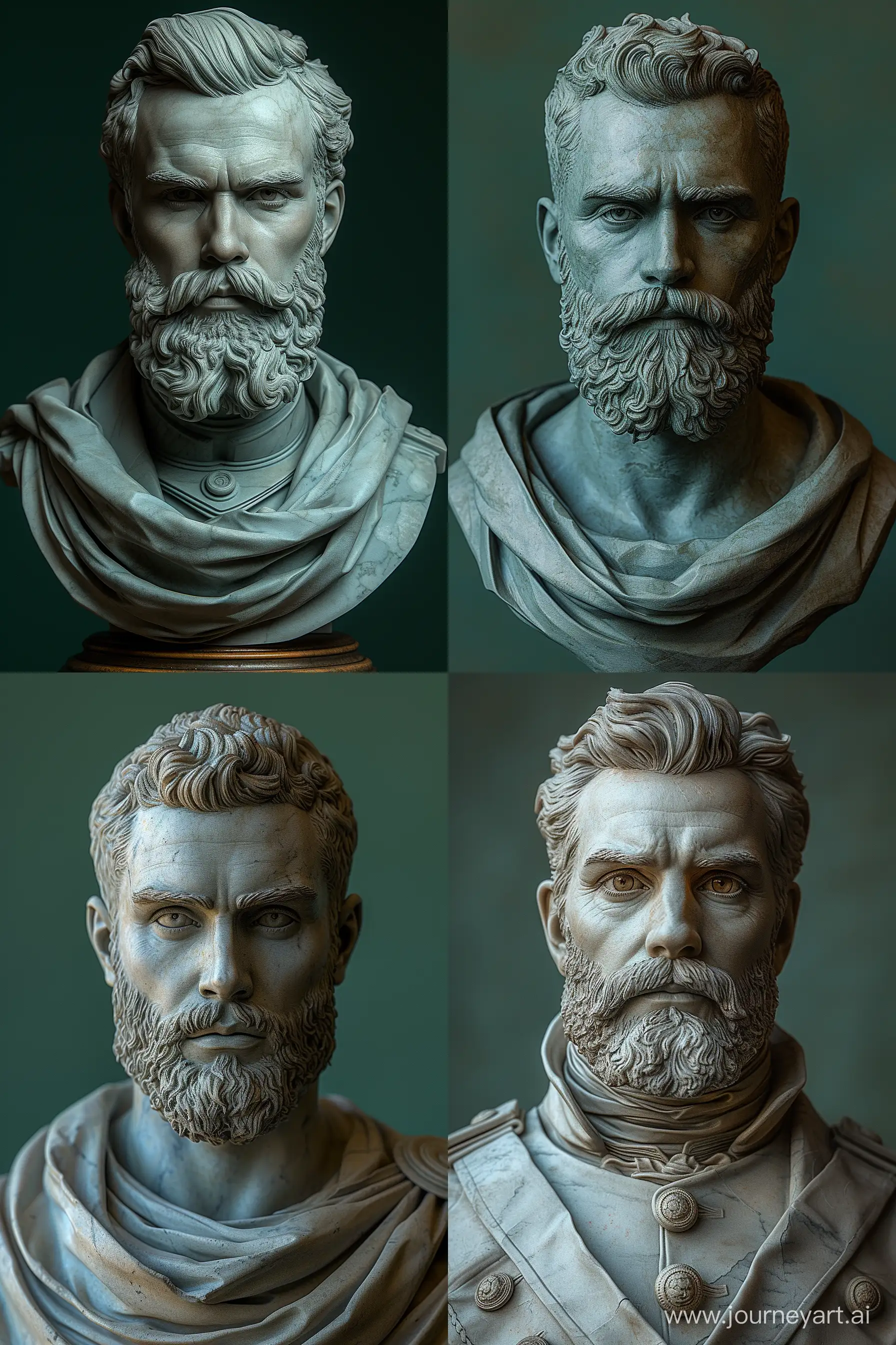 A Sculpture of men with Beard and Pompadour Har Cut, Dark Green Background, Bust Style, Headshot Pose, Affinity Designer Software, High Precision --v 6.0 --q 1 --s 1000 --ar 2:3