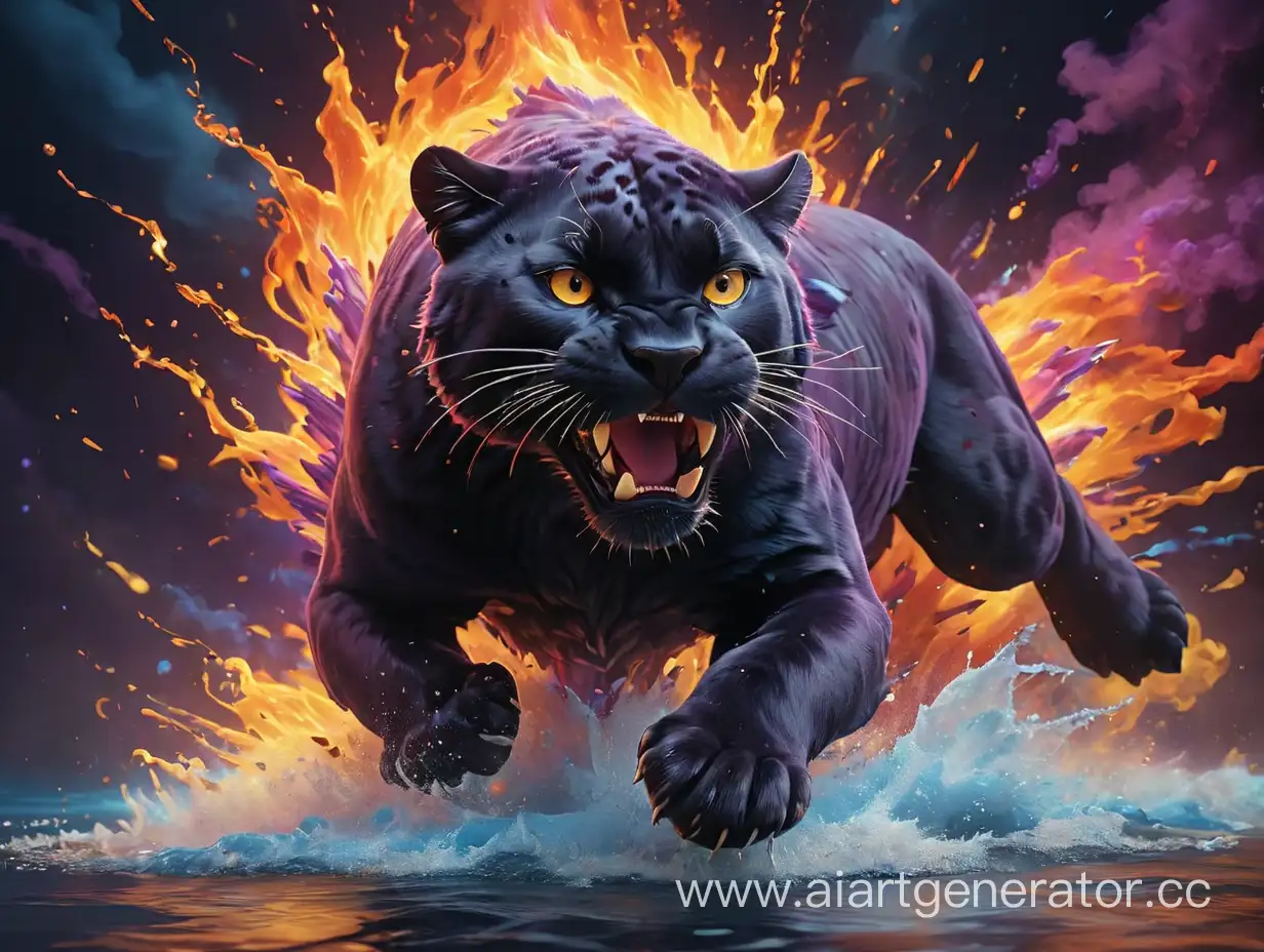 incredible explosion of a super new star, the madness of colors, flying clubs of sparkling ash embodied in a beautiful hyperreal image of a running panther on the water, blue, red, purple, orange, intertwined with fire smoke fire and sparks flying out of the bowels of the explosion, realism, close-up, professional photo, high resolution, high detail
