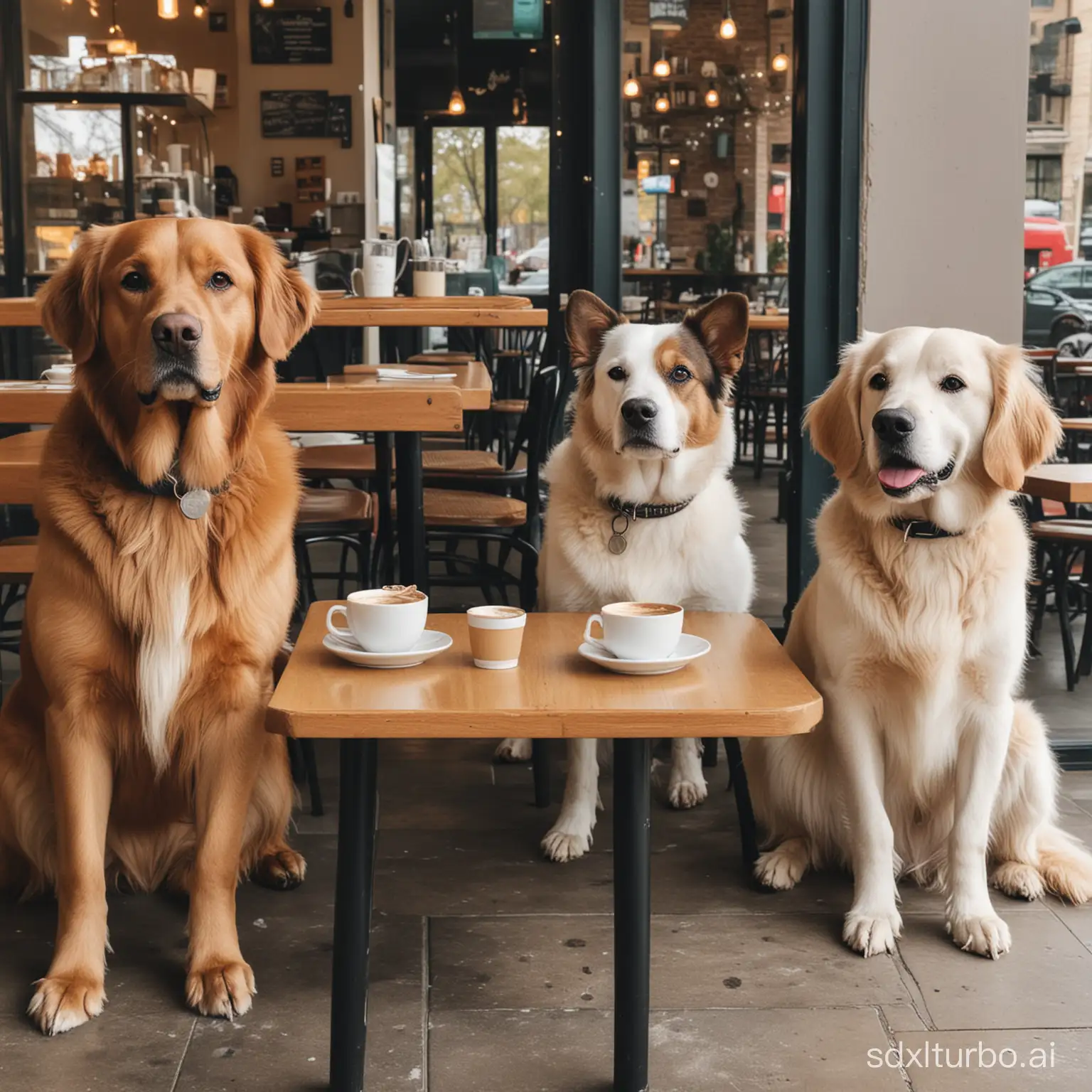 dogs sitting in a coffee shop as guesses of the coffee shop