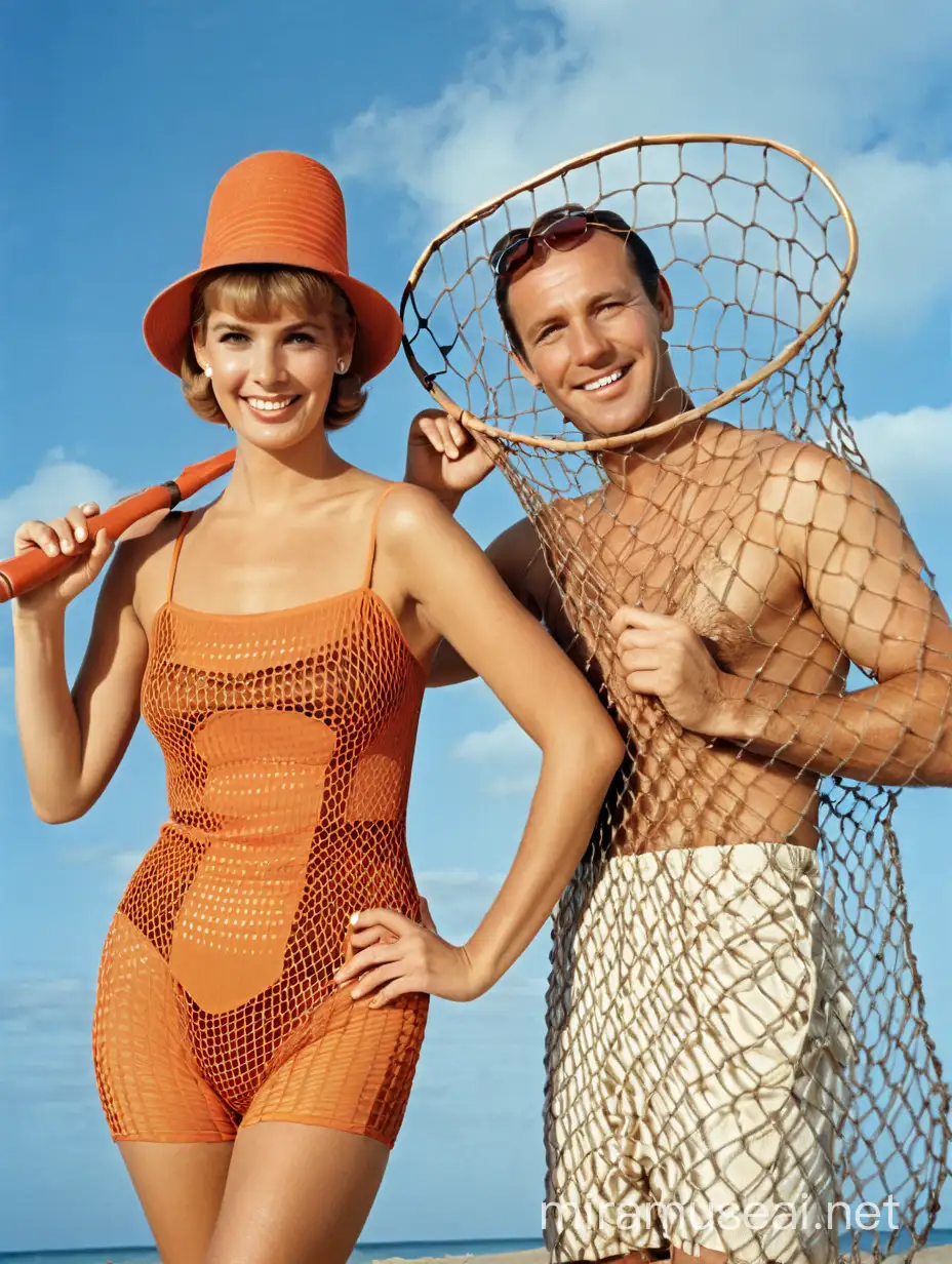 1960s Fashion Smiling Caucasian Couple on Beach Caught in Fishnet