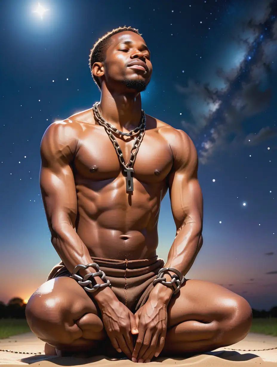 African-American-Man-slave with broken chains on arm half nude on knees gives praise to god for Gaining Freedom-under-Juneteenth-Night-Sky