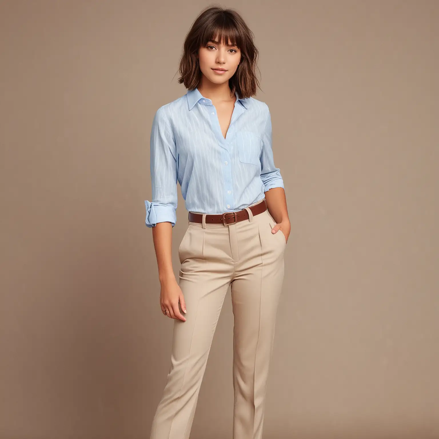 short bob brown hair with bangs latina teenage girl with tailored outfit and relaxed fit pants and blouse for a job interview. should look like a teen girl full body outfit with flats for shoes. 
