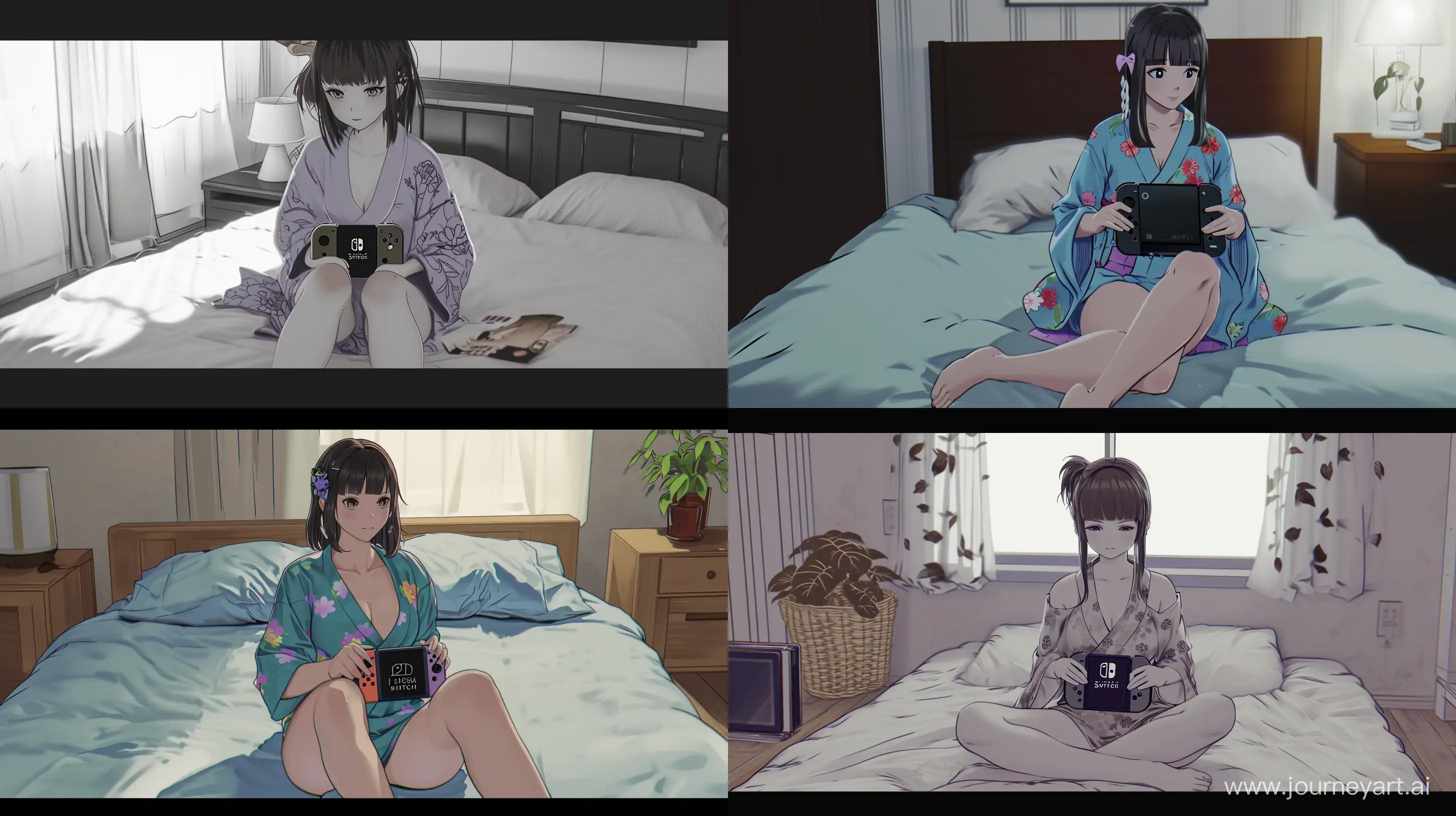 AnimeStyled-Girl-in-Mini-Kimono-Playing-Switch-Console-on-Bed