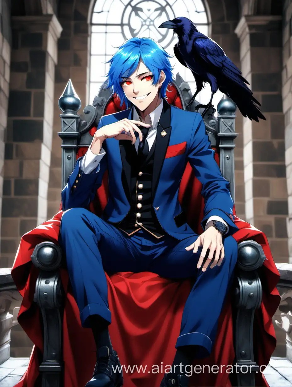 BlueHaired-Anime-Hero-Smiling-on-Red-Throne-with-Crow